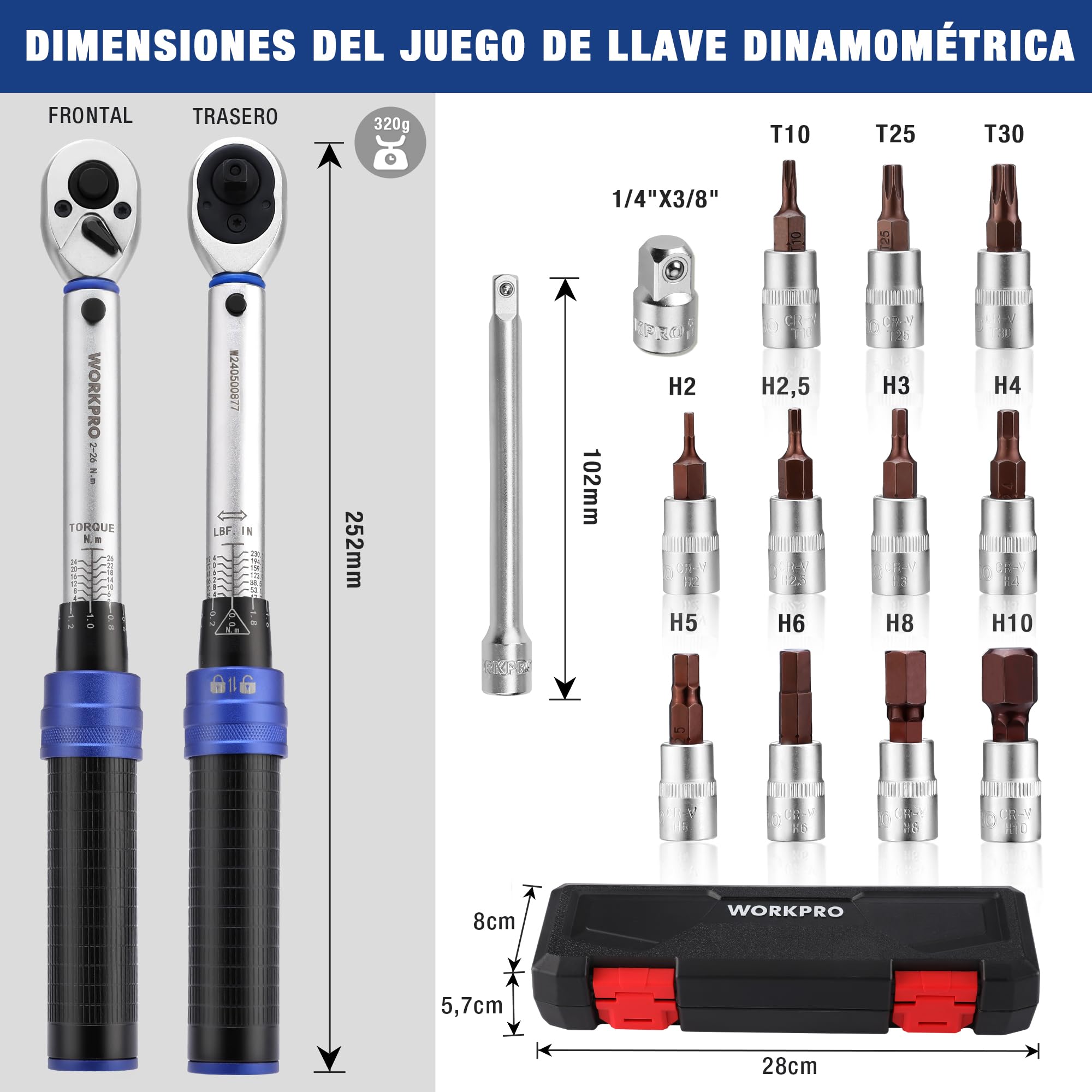 WORKPRO Llave Dinamométrica, 1/4", 2-26Nm, 14 Piezas | Precisión de ±3%, Carraca de 72 Dientes con Barra de Extensión para Bicicletas, Motos y Automóviles