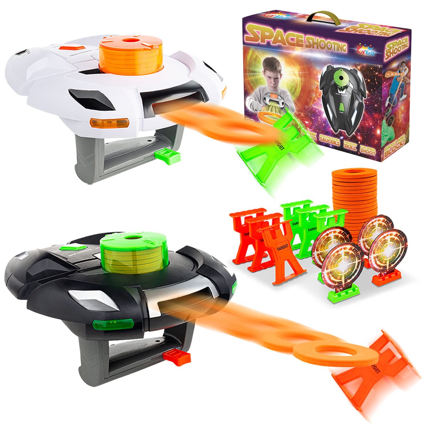 ToyVelt Toy Shooting Game for Kids, Boys – Foam Disc Launcher Gun Set with Lights & Noise – Safe Target Shooting Indoor Toy Children’s Gift Set Includes 2 Gun Blasters, 40 Foam Discs, 10 Targets
