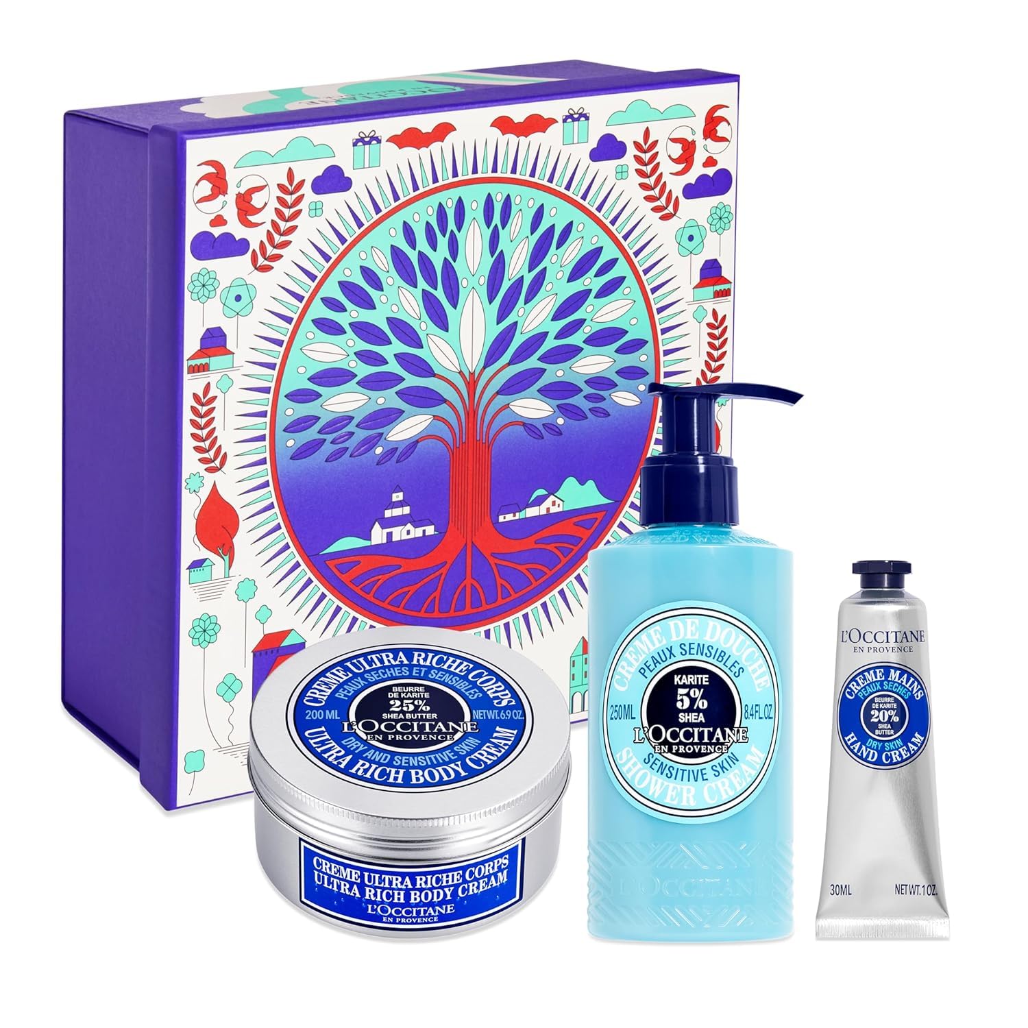 L'OCCITANE - Świąteczne pudełko Shea - Krem pod prysznic, bardzo bogaty krem do ciała i krem do rąk - Wyprodukowano we Francji