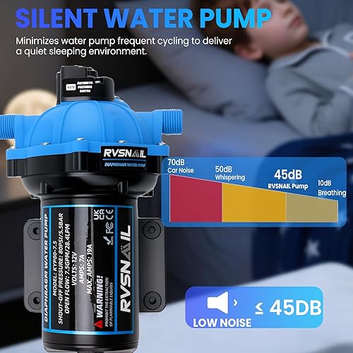 Miniatura 2 de Bomba de agua RV de 12 V, bomba de diafragma de 5 cámaras de 7.5 GPM 80PSI, autocebante con interruptor de presión resistente y colador para RV,