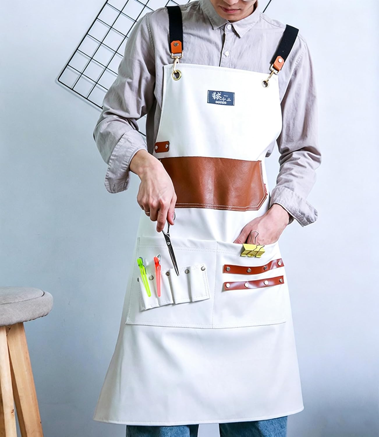 PU Leather Barber Apron Adjustable Cross Back Straps Water-Resistant Hair Styling Apron with Pockets