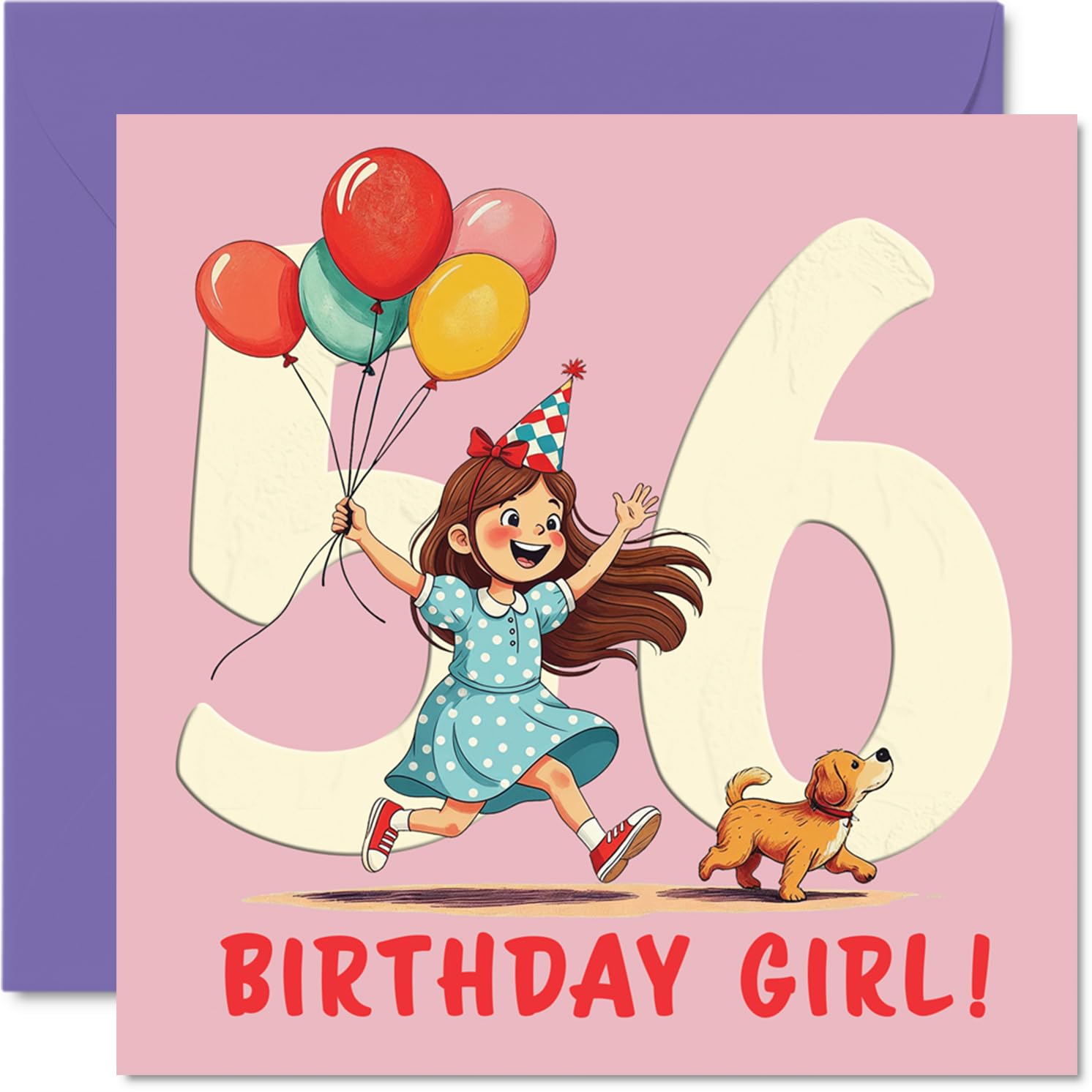56th Birthday Cards for Women - Balloon Girl - Happy Birthday Card for 56 Year Old Woman Nanny Wife Sister Colleague, 145mm Bday Greeting Cards