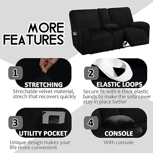 Miniatura 4 de Sofá de dos plazas reclinable con funda de consola central, fundas de sofá de dos plazas elásticas de terciopelo reclinable de 8 piezas, funda de