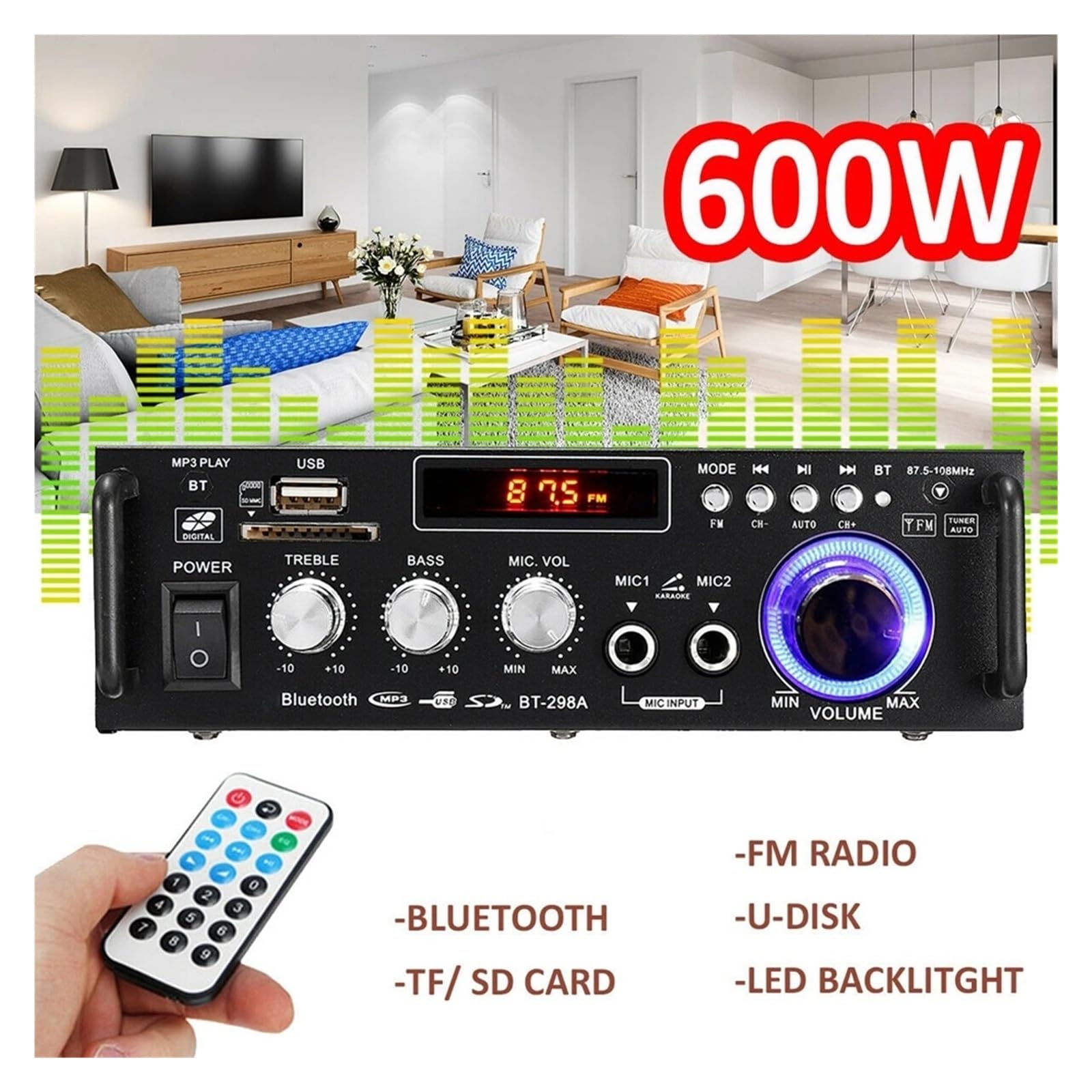 Amplificatore di potenza stereo HIFI digitale 300W+300W con display LCD a 2 canali, radio FM Bluetooth con telecomando Per l'home cinema