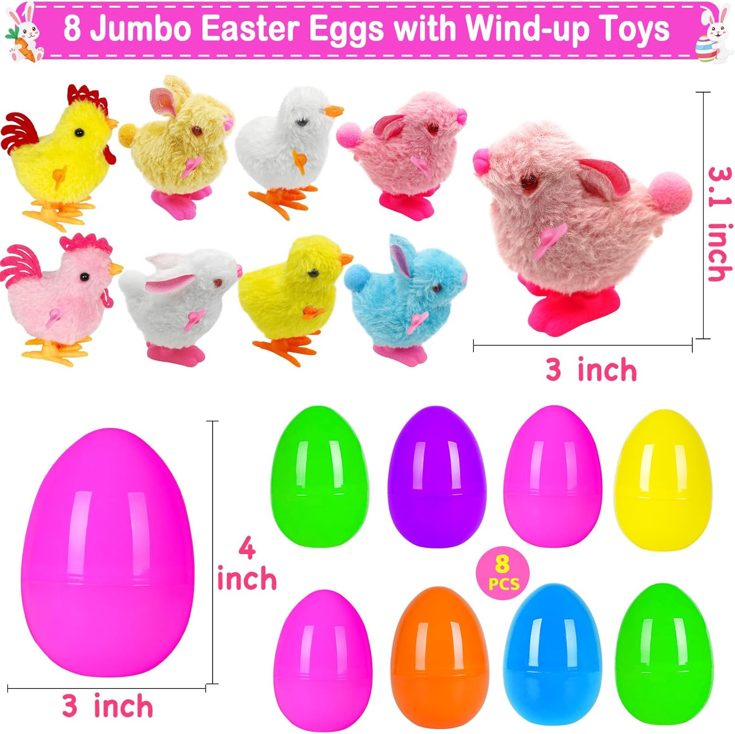 Jumbo 4" Easter Eggs Filled with Wind-up Toys , 8 Pack Colorful Easter Egg Wind Up Jumping Bunnies and Chicks Hunt Filling Treats Easter Basket Stuffers Easter Party Favors for Kids Boys Girls