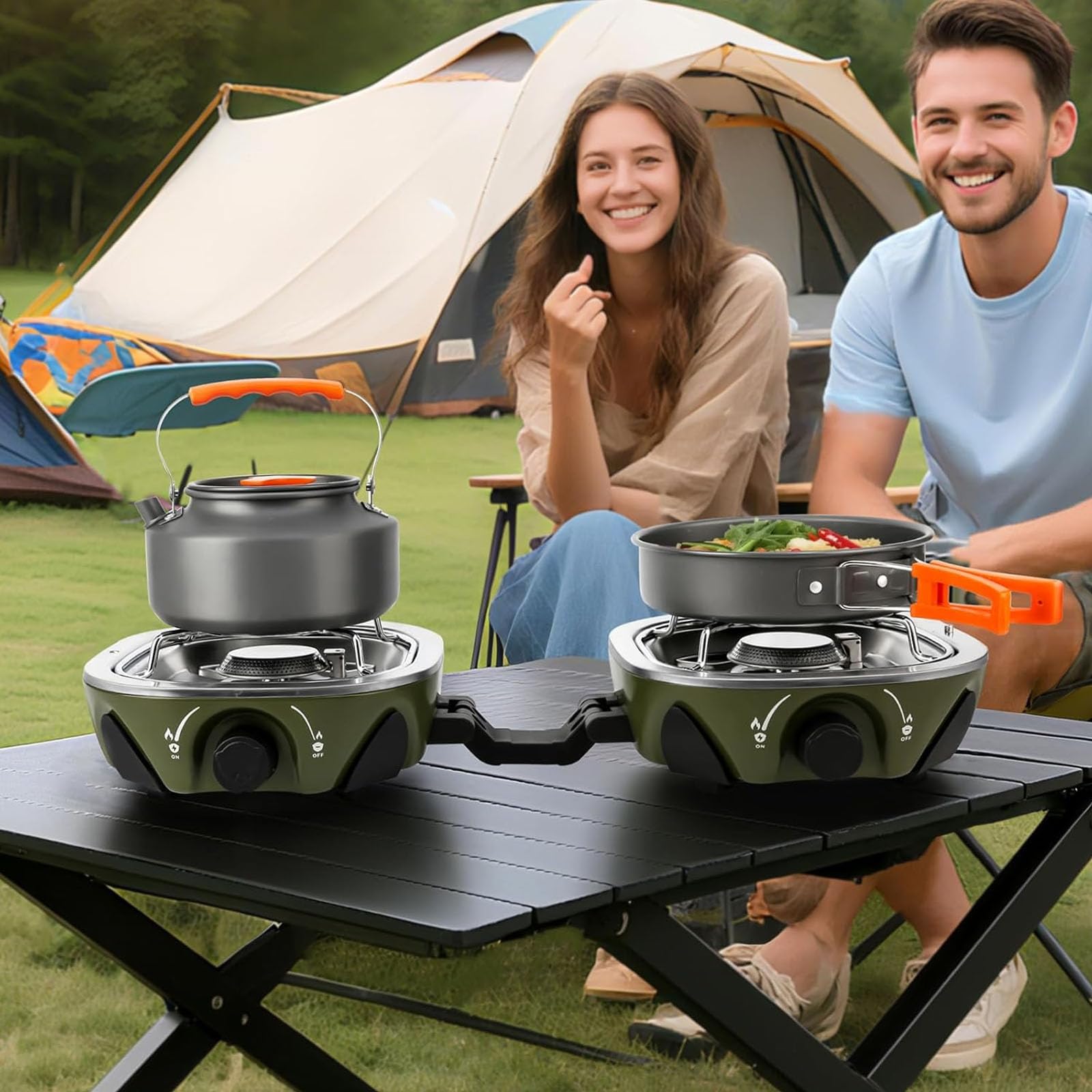 Estufa de camping portátil, diseño plegable de 2 quemadores, 20,000 BTU, quemadores ajustables para cocinar, ideal para acampar en coche, caravana, portón trasero, incluye bolsa de transporte
