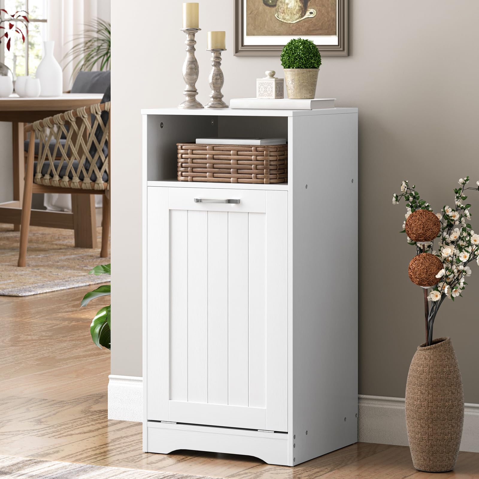 HOOBRO Badezimmerschrank mit Wäschekorb, Wäscheschrank mit Klapptür und verstecktem, herausnehmbarem Wäschekorb, moderner Wäschesammler mit offenem Regal, 40 x 36 x 81,2 cm, Weiß EWT40XY01