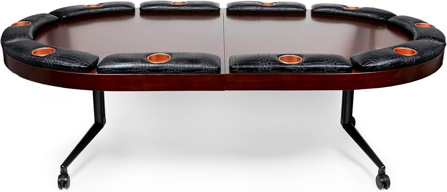 Triton Foldable 10 Player Elite Poker Table with Wood Finish – Premium Soft-Padded Armrest, Individual Cup Holders, Portable Mat – Foldable Texas Hold’em Card Table for Home Game Rooms