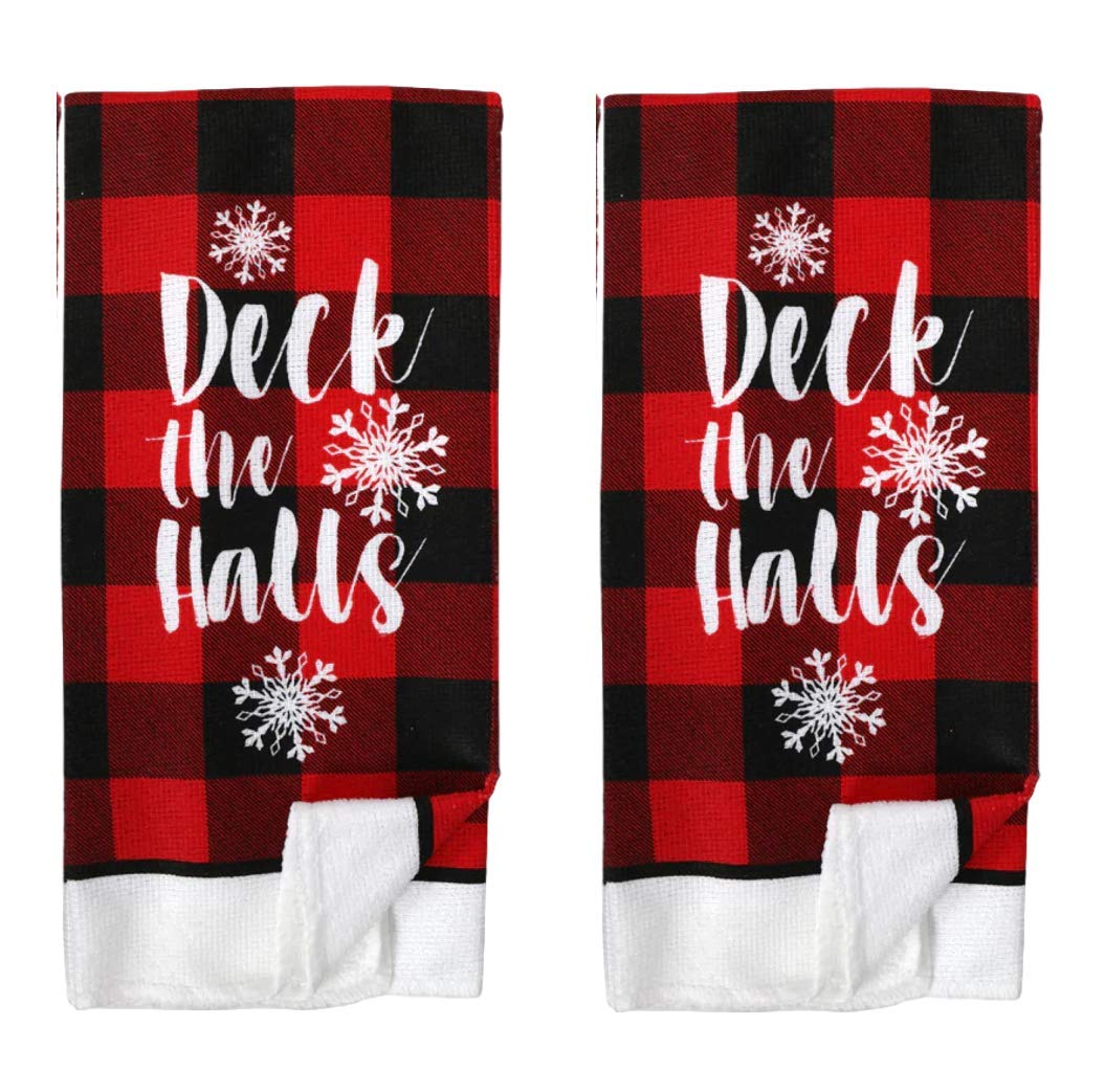 Holiday Farmhouse Kitchen Towel Set with Pot Holders Oven Mitt and Set of Refrigerator Magnets Modern Farmhouse Decor (Deck-The-Halls)