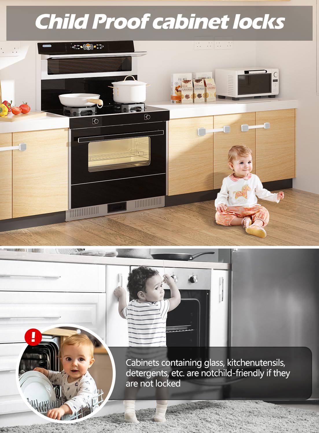 Paquete de 6 cerraduras de seguridad a prueba de bebés seguras para niños, para puertas de armarios, cajones, frigoríficos, horno, lavavajillas, asiento de inodoro y tapa, cierres y correas ajustables — view 3