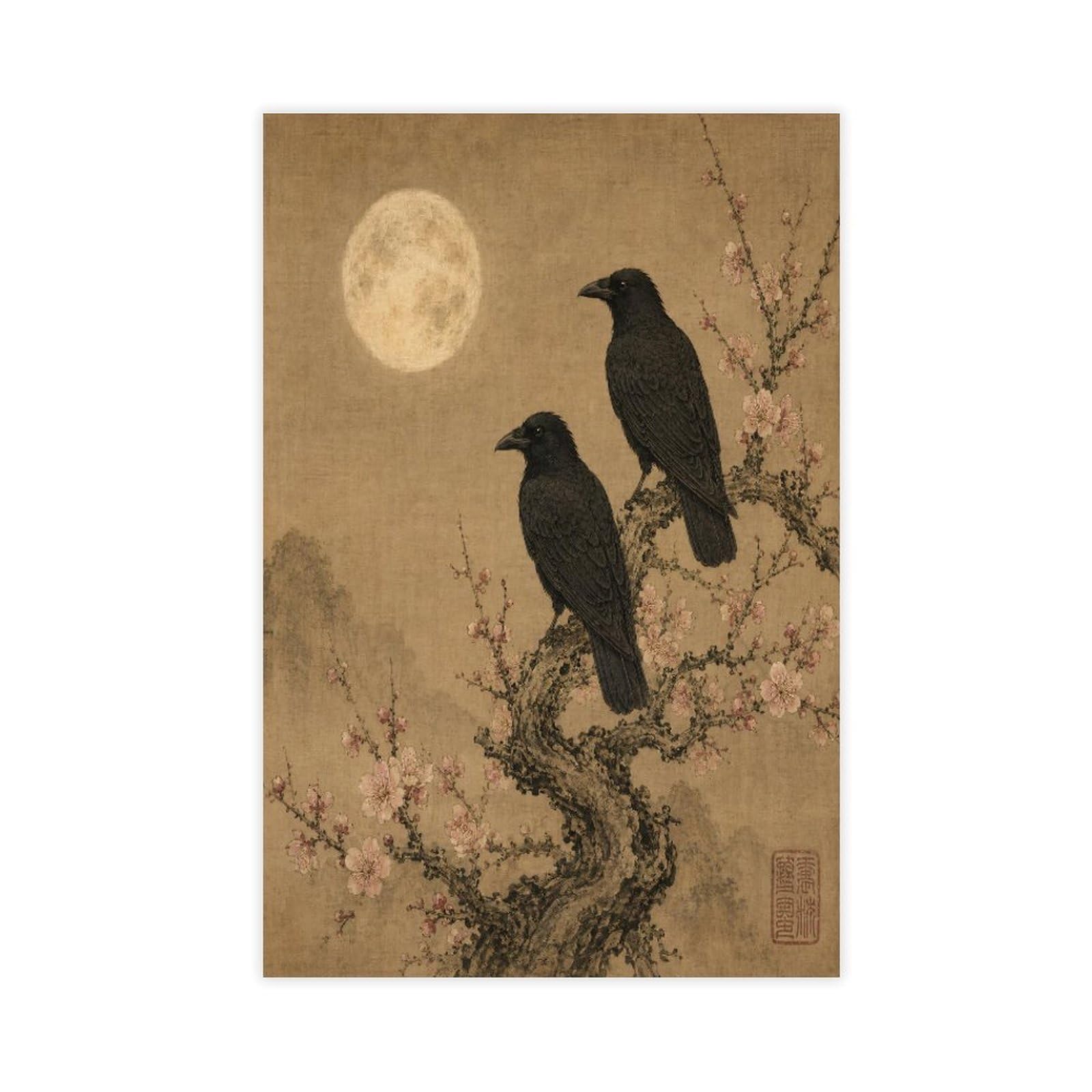 W7c8u2x3 Unframe-Style-23 Two Ravens On Moonlit Branch Canvas Wall Art, Sofa Area