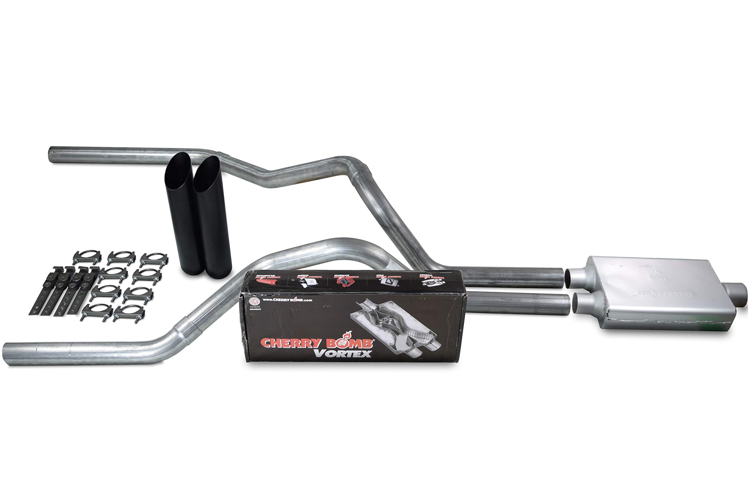 Truck Exhaust KitsShop Line Dual Exhaust Sytem 2.5 inch Aluminized Pipe Cherry Bomb Vortex Muffler Black Tips