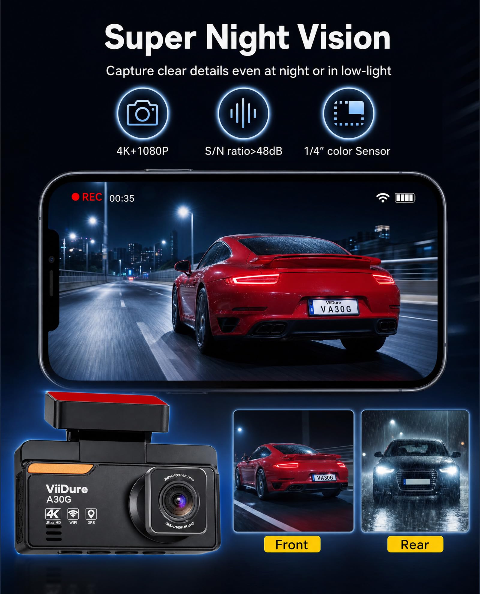 SIXWIN 4K Dashcam, 4K+1080P Doppia Telecamera Auto, 3" Display con WiFi e Controllo App, GPS, ADAS, BSD, LCA, Visione Notturna, Grandangolo, Registrazione in Loop, Sensore G, Parcheggio 24H