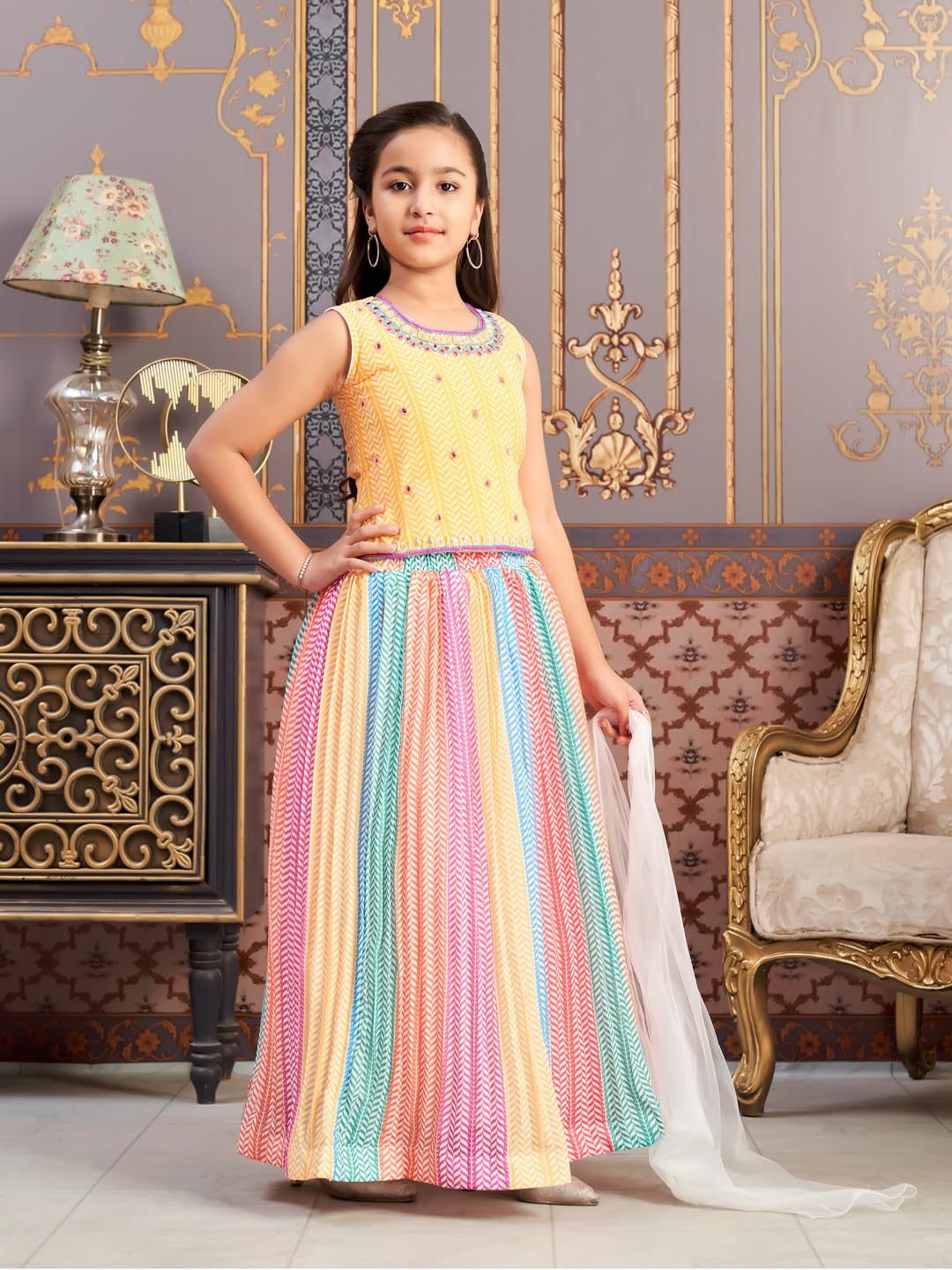 Aarika Girls Polyester Stitched Lehenga Choli Set (Lch-38242_Yellow_14-15 Years)