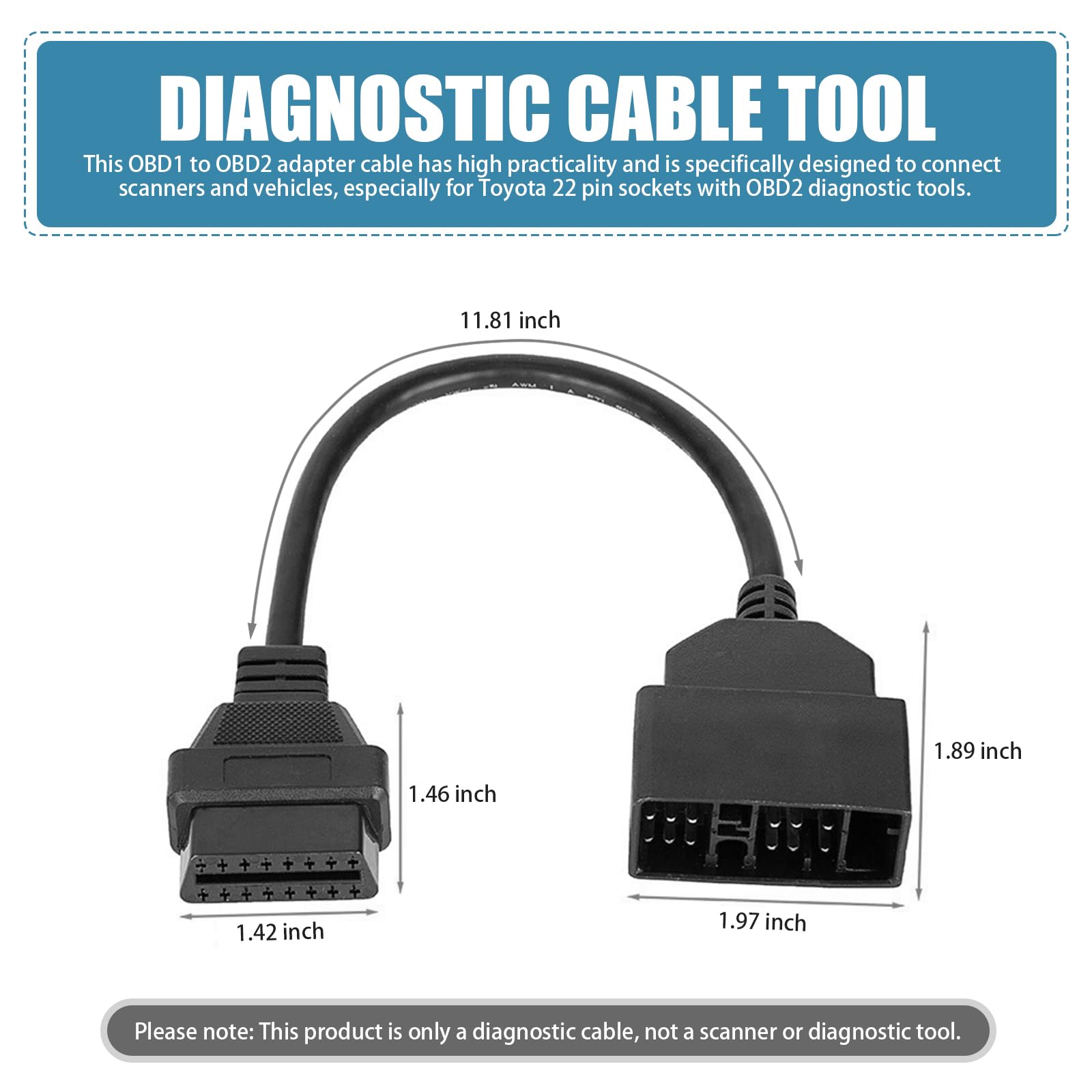Auto Scanner Diagnosegerät Konvertierungskabel - 22 Pin auf 16 Pin OBD2 Adapter, 11,8 Zoll Länge, Tragbares Fahrzeuganschlusskabel für Reparatur (Schwarz)