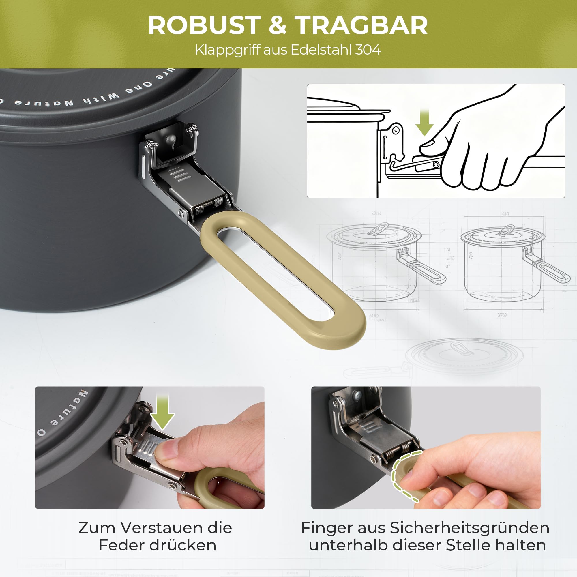 Alocs Camping Kochgeschirr, tragbares Antihaft-Campingpfannen-Set mit verbessertem Griff, ideal für Outdoor-Küche, Picknick, Wandern und Angeln