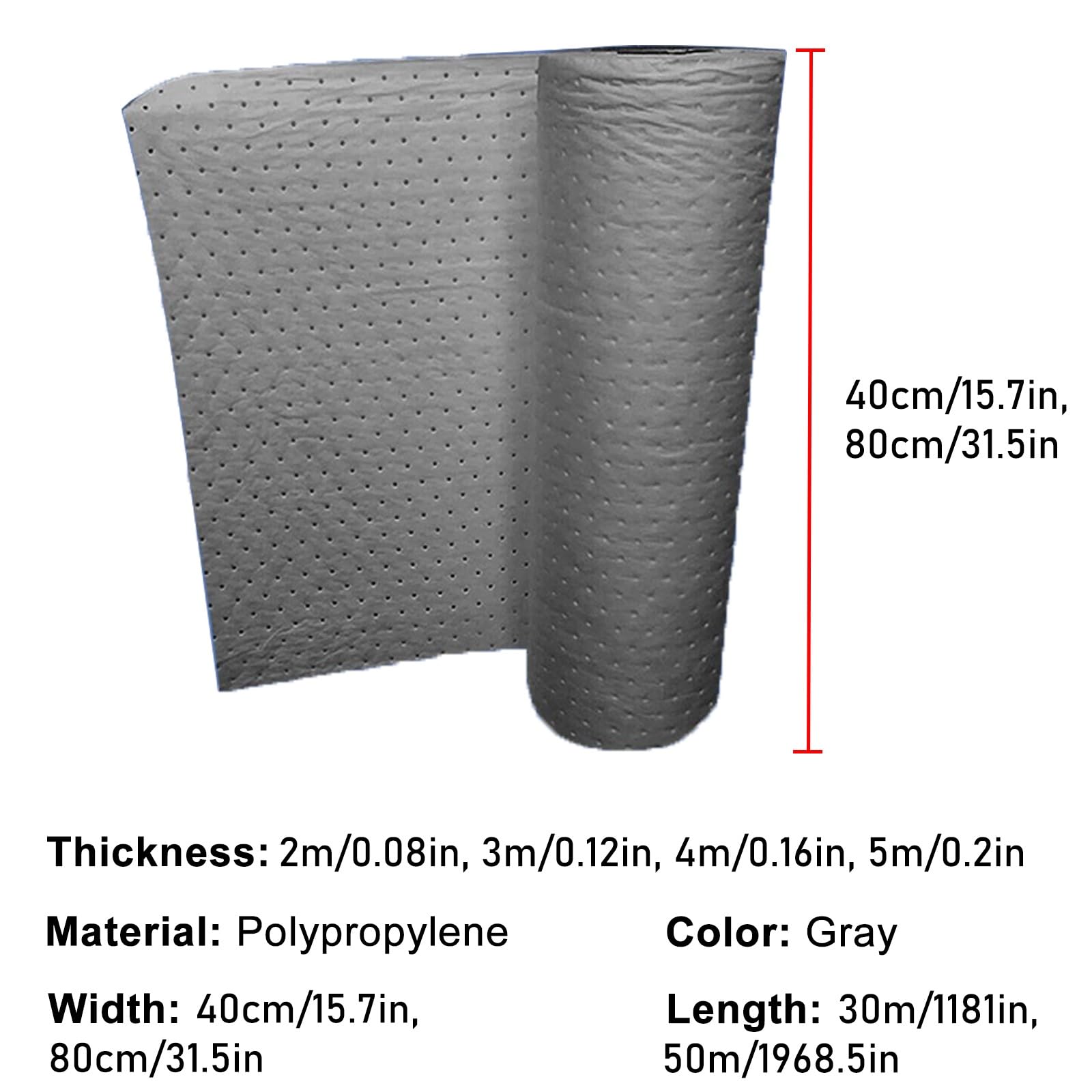 ERRULAN Almohadillas absorbentes de Aceite Rollo Absorbente de derrames de Aceite extralargo de 30/50 m, tapetes industriales absorbentes de Agua y Aceite(2mm/0.08in,WxL 0.8x30m/2.6x98.4ft)