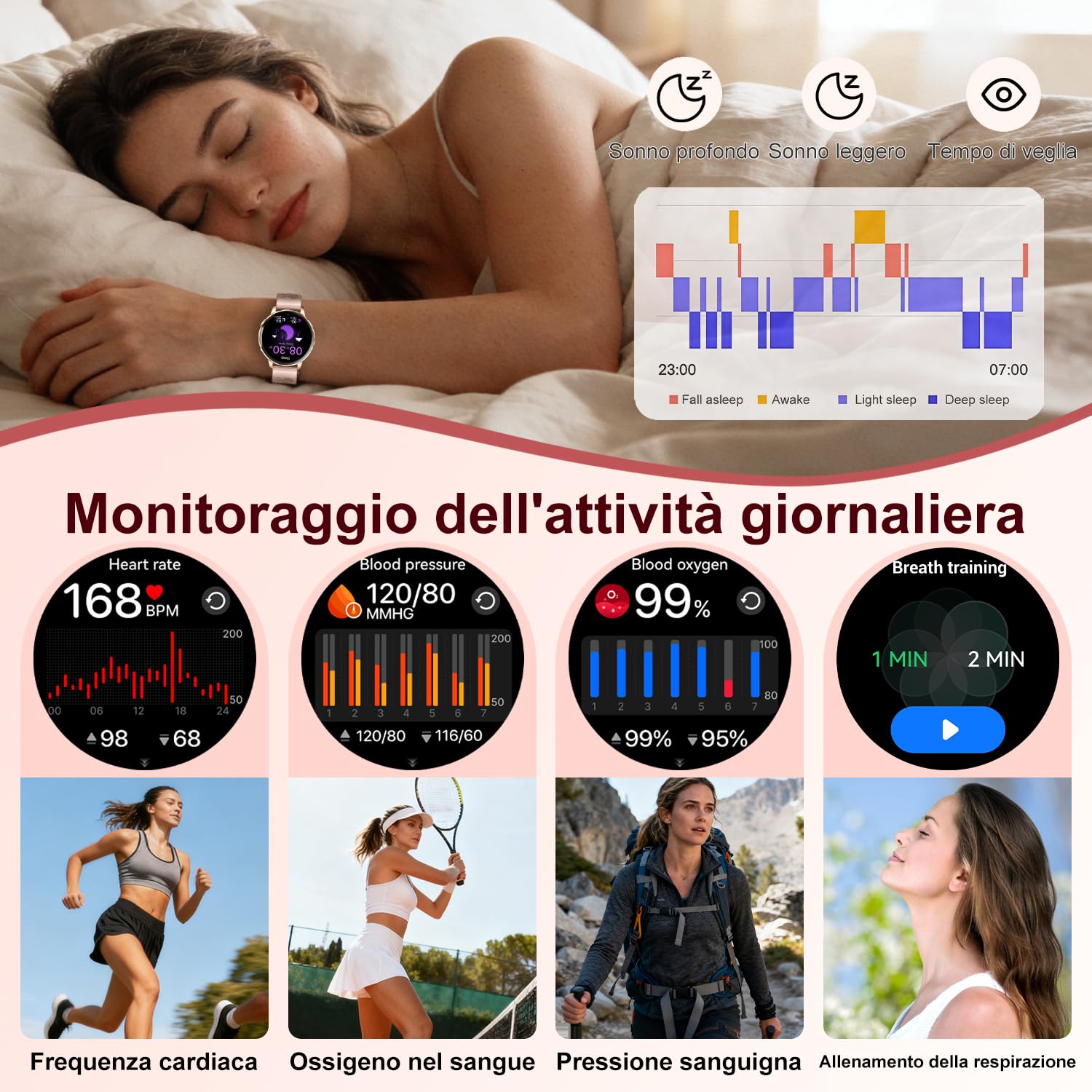 Smartwatch Donna Chiamate Bluetooth,3 Cinturini,1.27" 3D Curvo Schermo Orologio Donna Smartwatch,HR/Passi/Calorie/Pressione/Sonno Monitor,120 Sportiva IP68 per Android & iOS,Rosa oro
