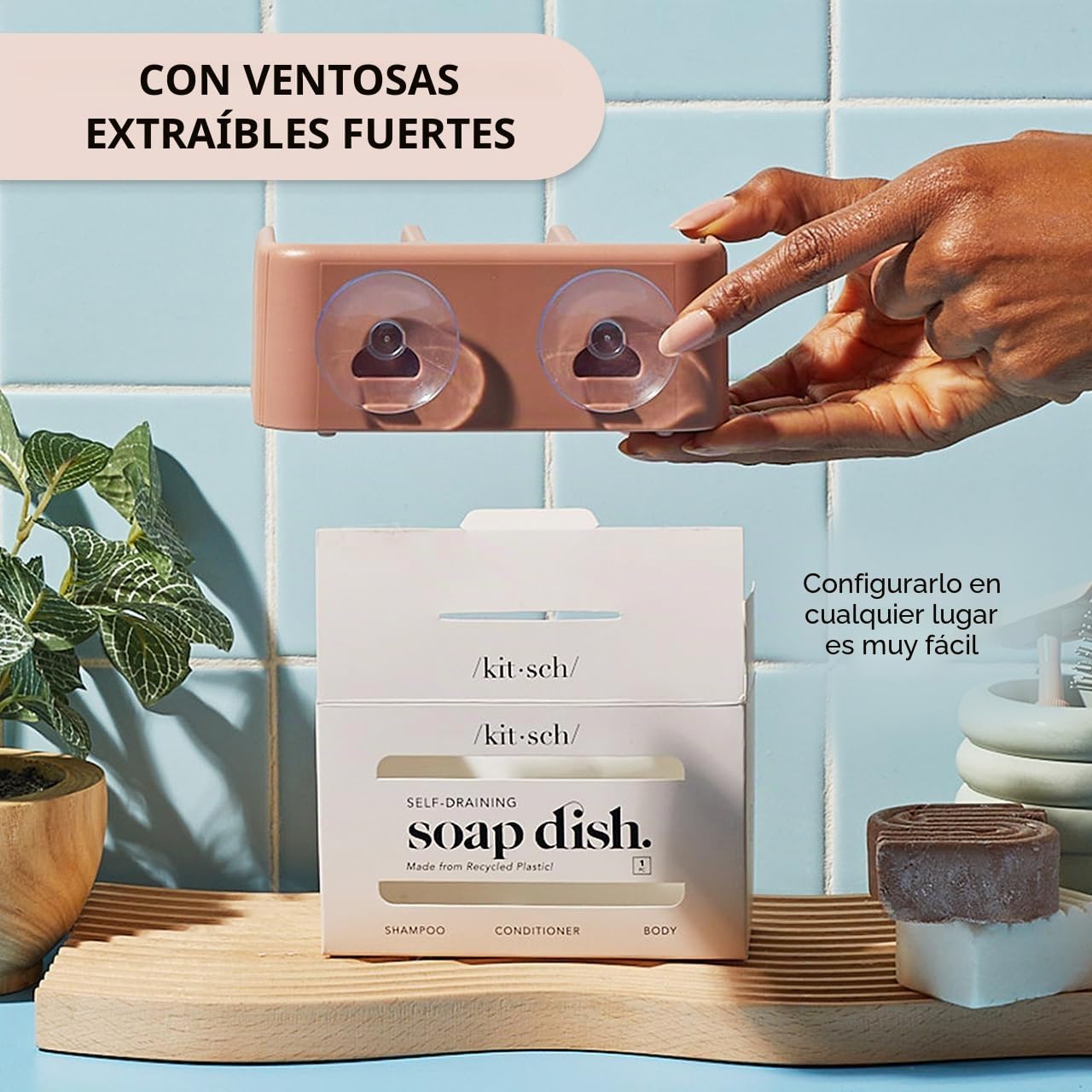 Kitsch Jabonera autodrenante para ducha, soporte de plástico reciclado para champú, acondicionador y barras de lavado corporal, elegante soporte de jabón de ducha para 3 barras con ventosas extraíbles