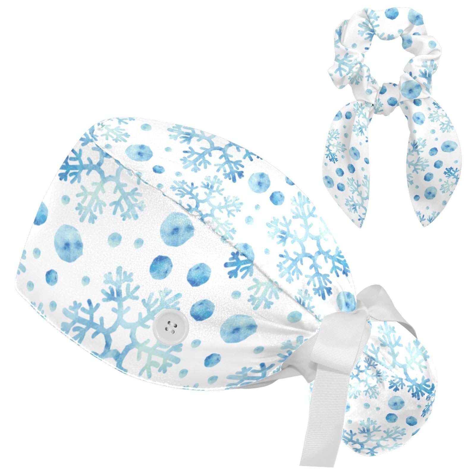 Adjustable Winter Blue Snowflake Surgical Scrub Cap with Button, Ponytail Pouch, Sweatband for Women with Bow Hair Scrunchy