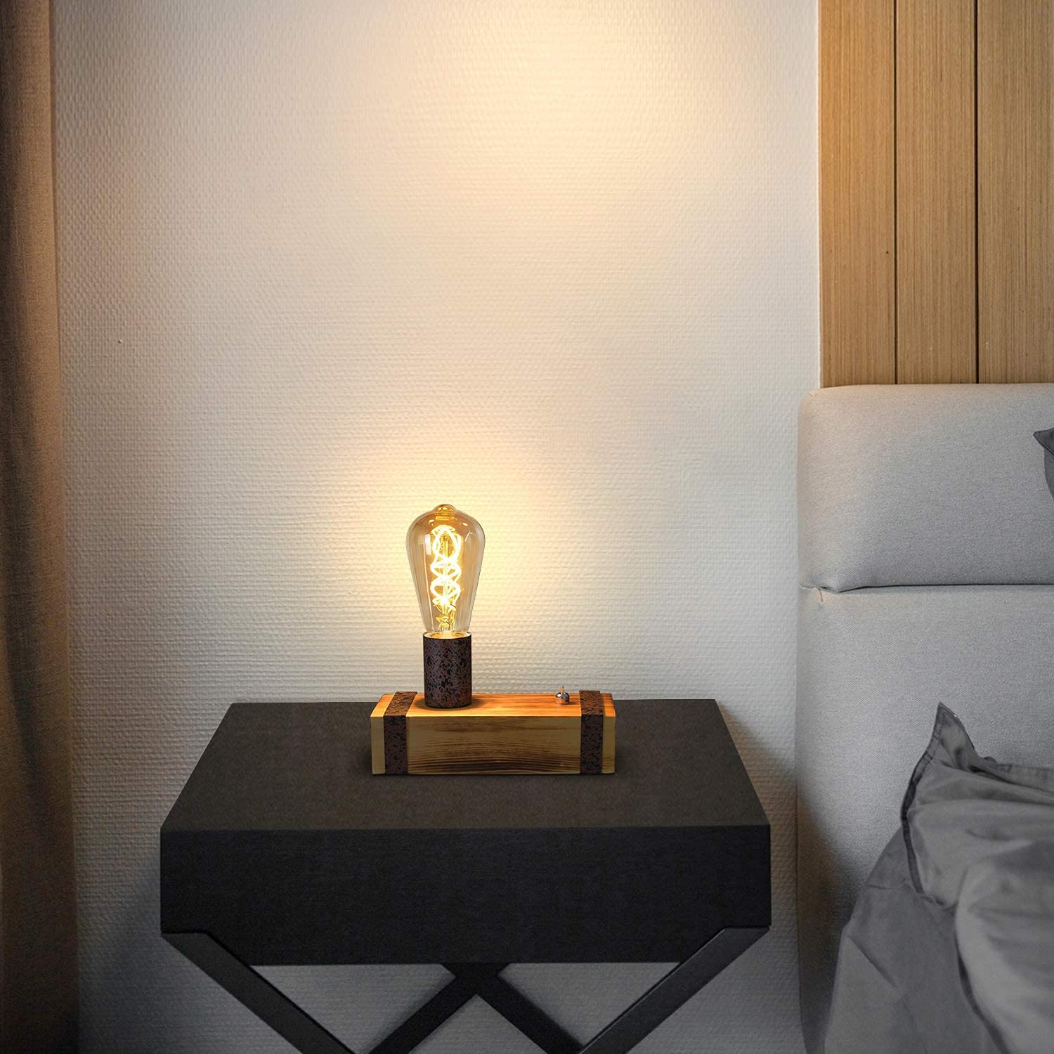 GBLY 2x Vintage Tischlampe Holz Tischleuchte Retro Nachttischlampe E27