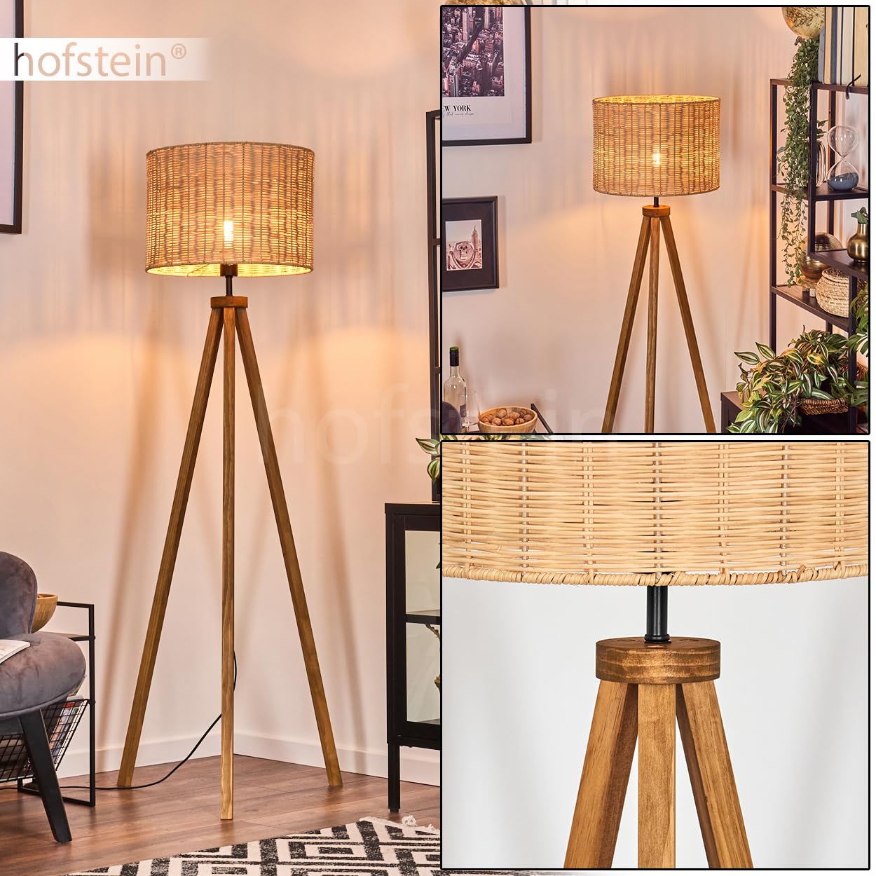 Stehleuchte Cavaca, Stehlampe aus Holz/Korbgeflecht/Rattan in Naturfarben, Leuchte im skandinavischen Design mit rundem Schirm (Ø 40 cm) u. Fußschalter, Höhe 154 cm, 1 x E27, ohne Leuchtmittel