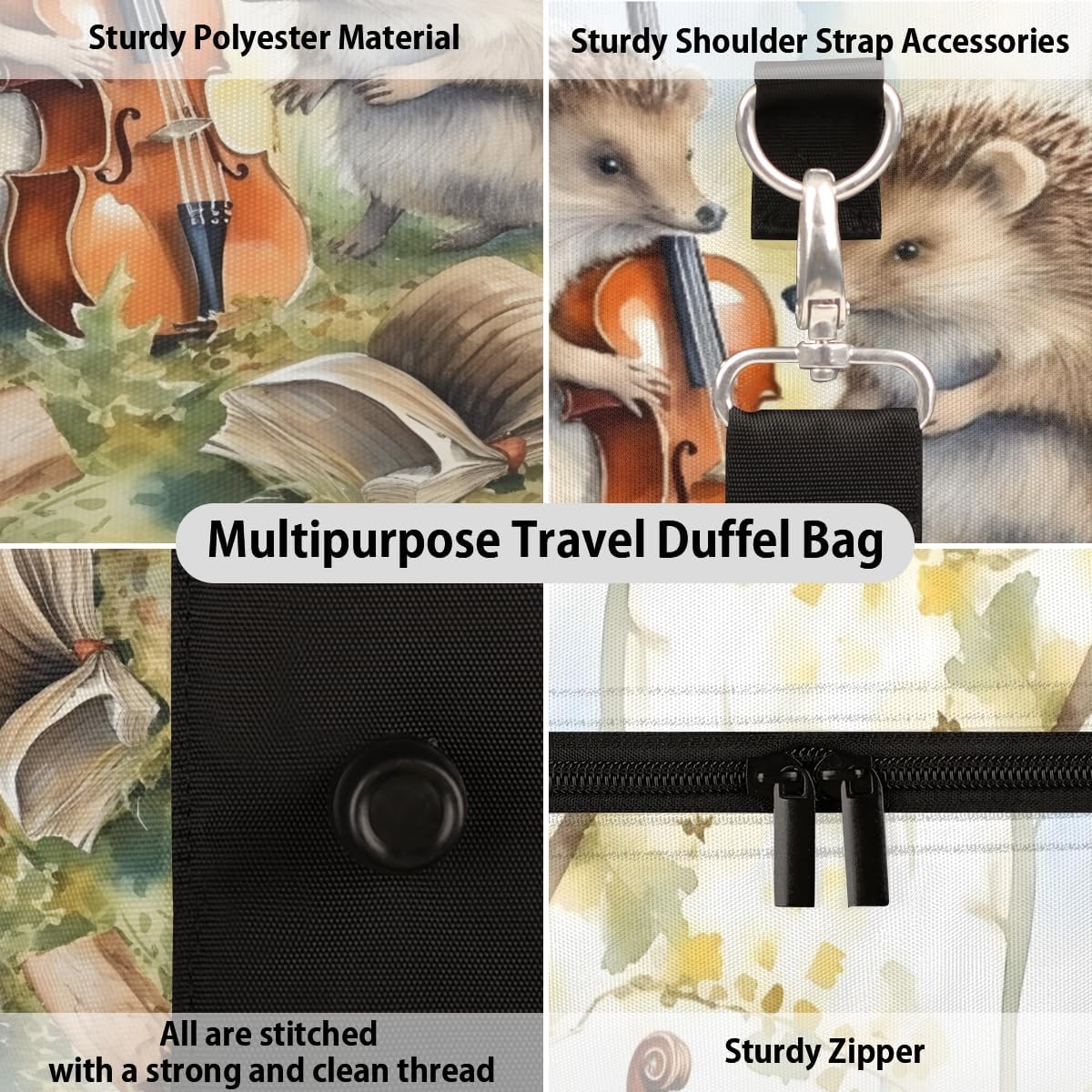 Watercolor Hedgehogs Guitar Travel Duffel Bag for Women Men Large Capacity Overnight Weekender Bags for Lightweight Waterproof Sport Gym Bag for Workout Yoga Swim