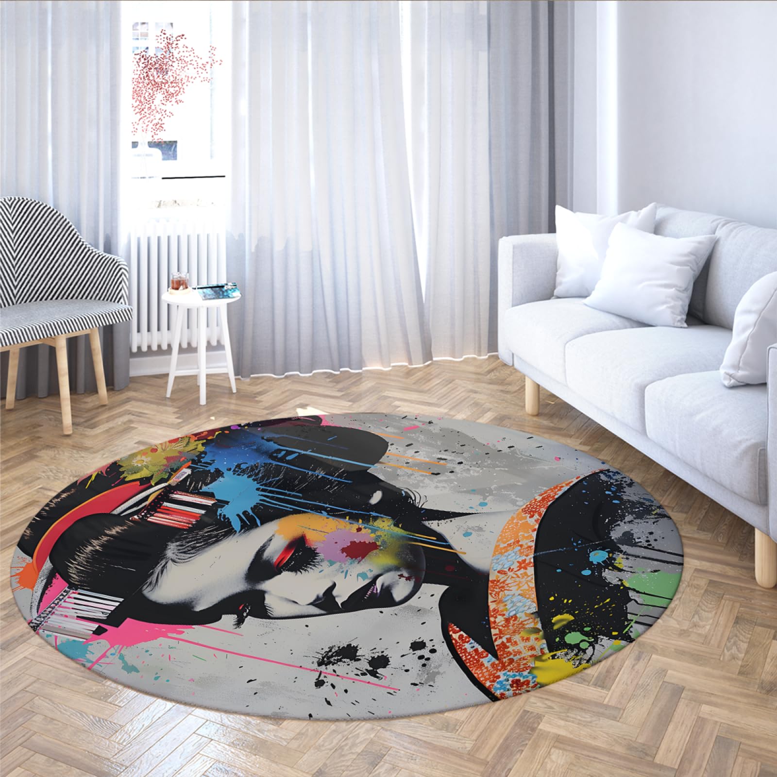 Tapis rond antidérapant et lavable aquarelle Geisha japonaise doux 200cm