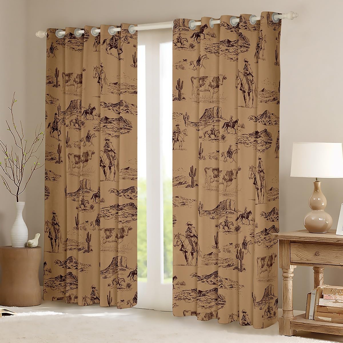 Kids Wild West Cowboy Curtains for Bedroom Living Room (2 Panels, 38 x 45 Inch) Western Decor Darkening Dreapes Boys Girls Teens Decor Rodeo Cowboy Style Blackout Curtains Brown Window Treatments