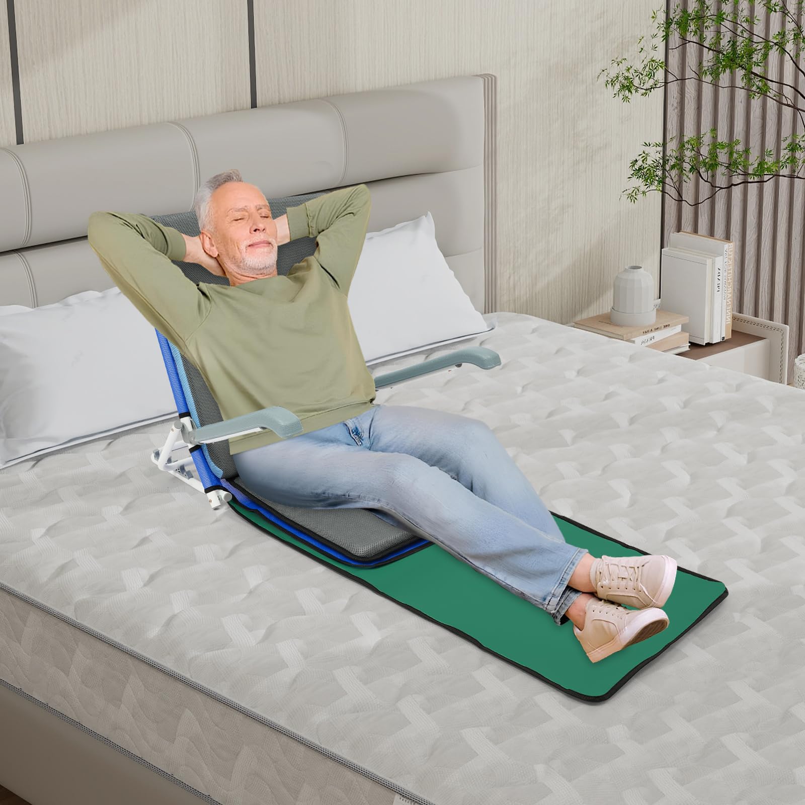 Respaldo ajustable en altura para cama, 5 niveles de inclinación (20°-75°), soporte plegable para cama de hasta 90 kg, con reposacabezas y red transpirable, incluye venda para los ojos