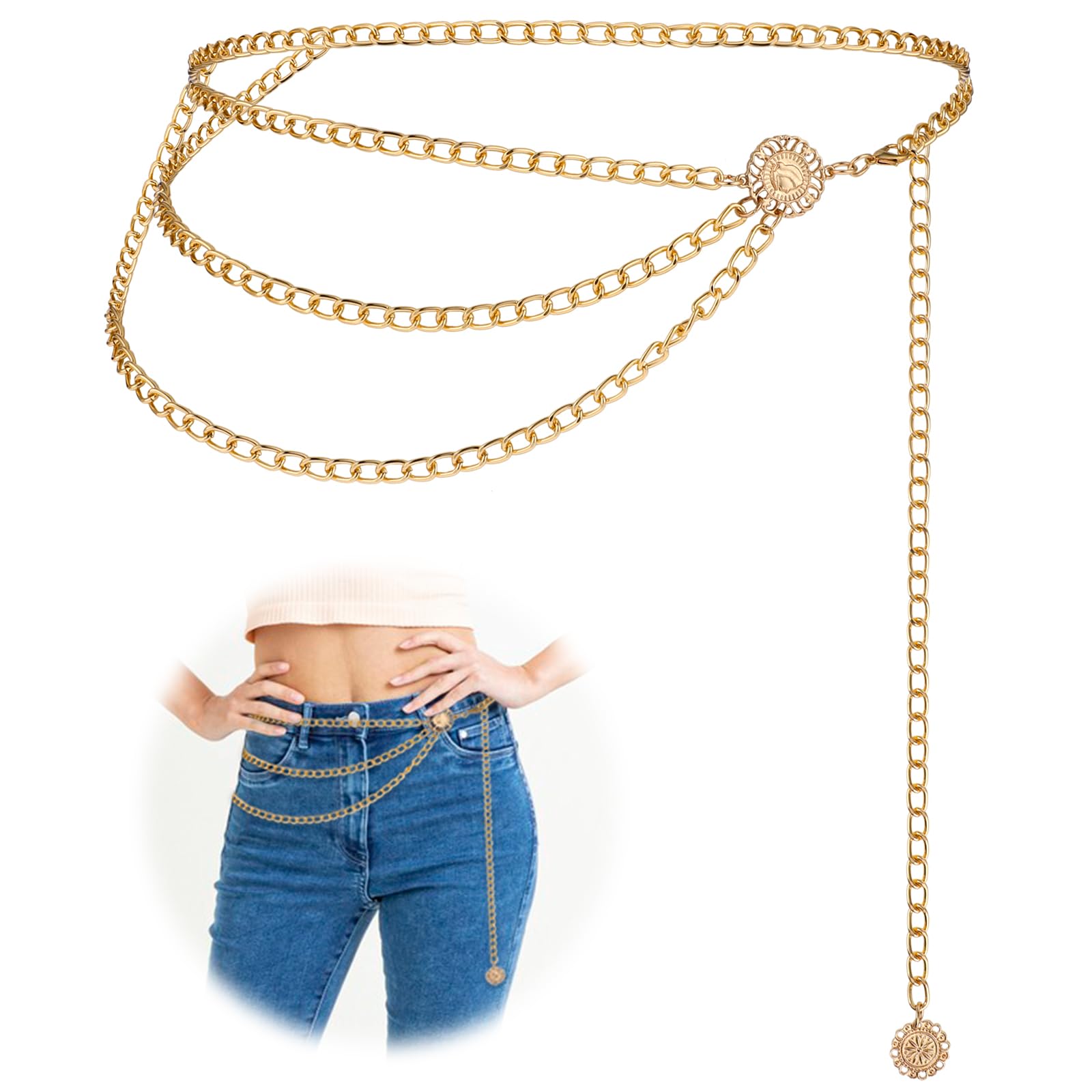 JIEYAO Multilayer Metal Chain Belts Womens Metal Belts for Dresses Adjustable Body Belly Chain Long Waist Belt for