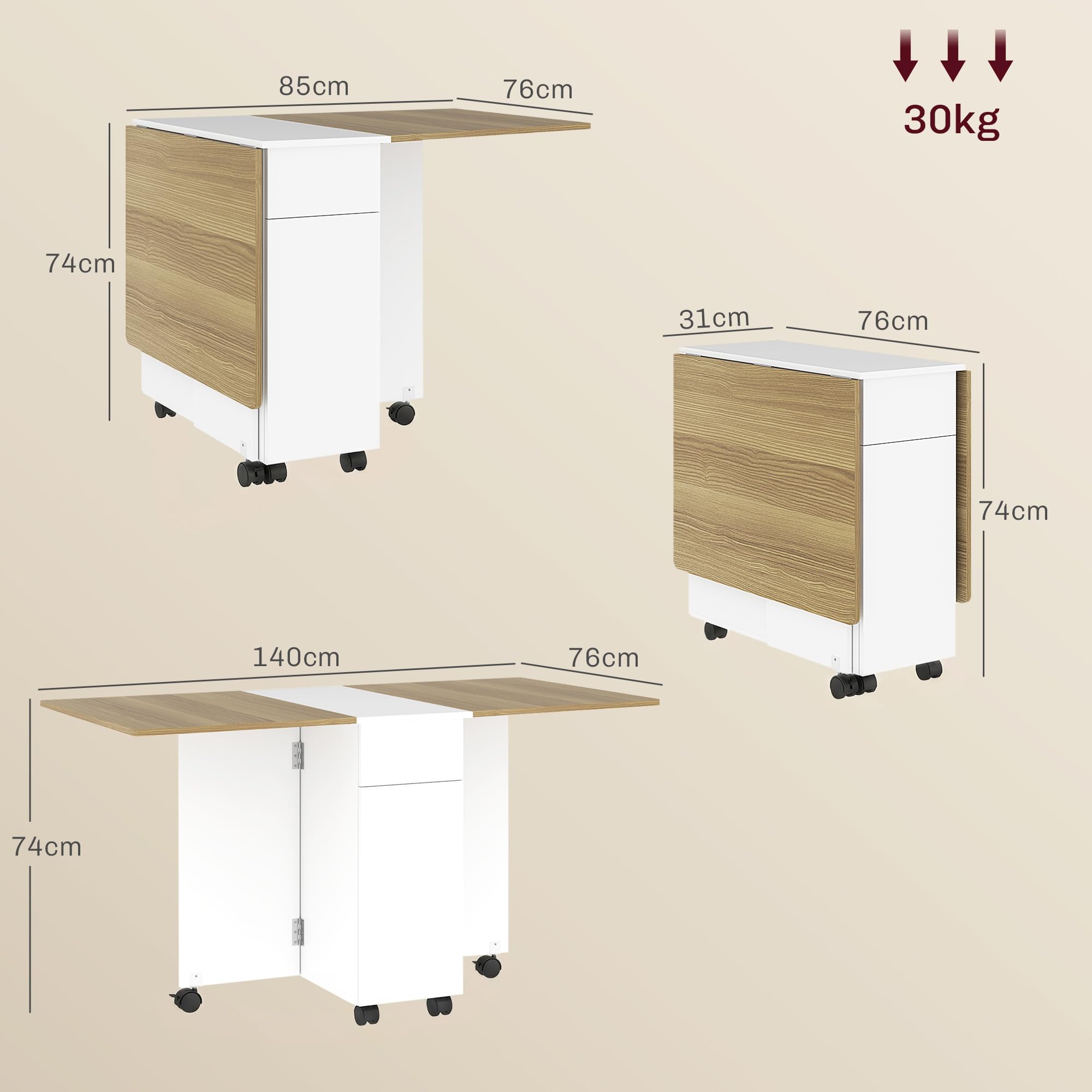 HOMCOM Mesa comedor plegable con ruedas 140x76x74cm,Blanco&madera natural | Mesa de cocina, para 6 personas, 2 hojas abatibles, 2 cajones, 2 armarios, para espacios pequeños.
