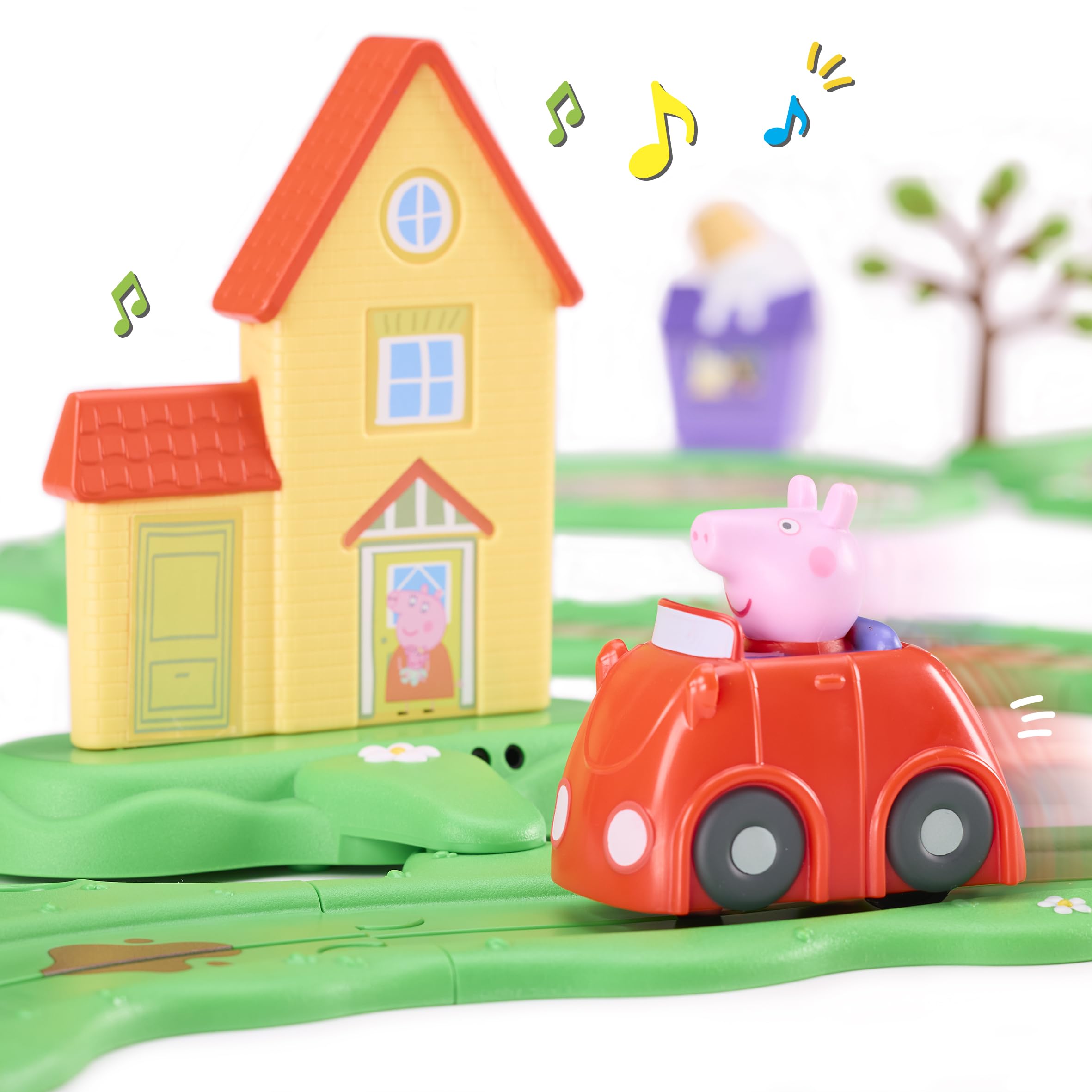 Peppa Pig Whizz-Around Città in movimento – Set di Gioco con Veicoli Motorizzati, Circuito Strada & Binari, Casa Elettronica con Suoni, Auto e Trenino, Accessori, Giocattolo dai 2 Anni in su