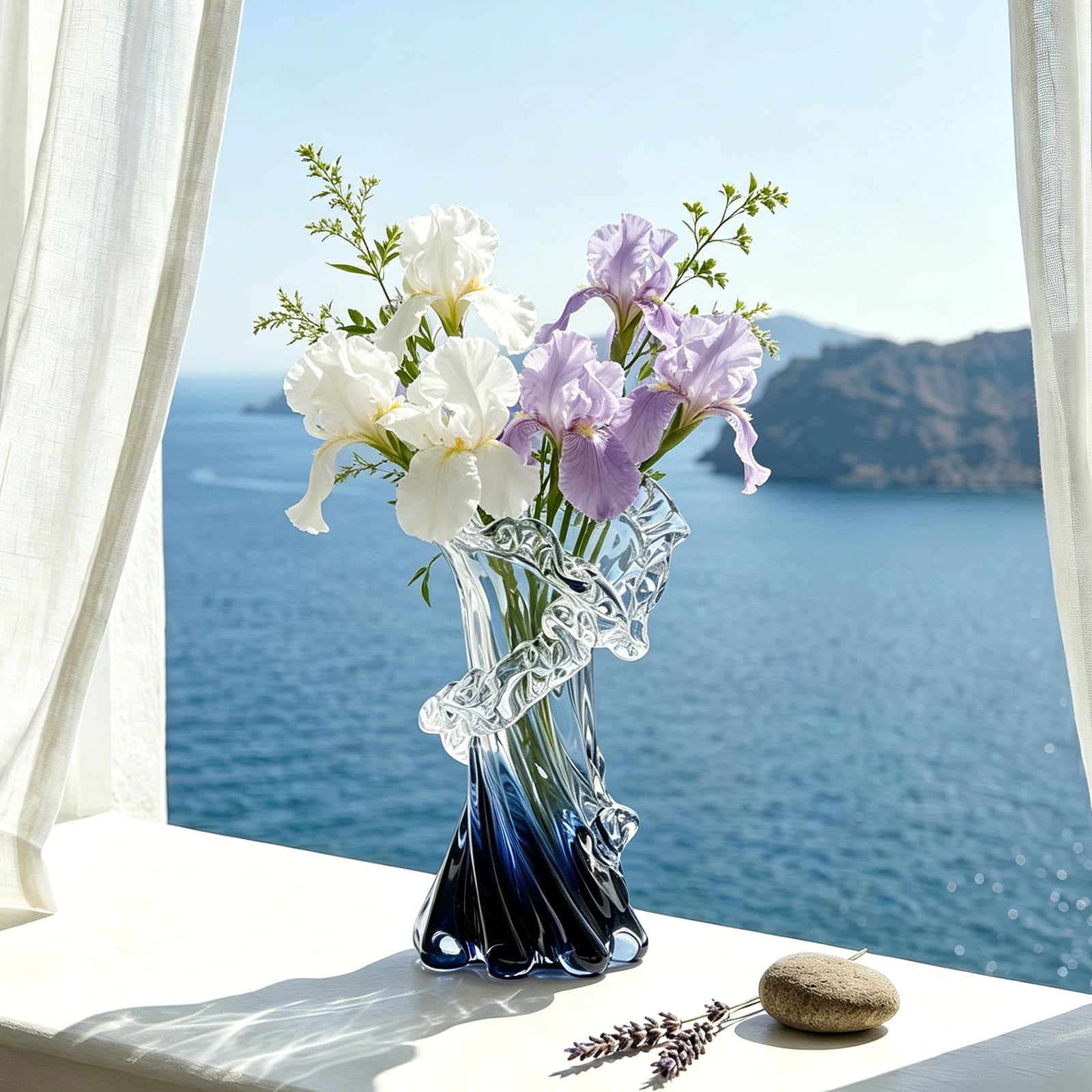 Vases Bleu Blanc Transparent à Dégradé d'Onde, Vase en Verre Soufflé à la Main de Murano en Art Décoratif Unique, pour Thème Océan, Pièce Centrale Côtière, Bureau Moderne, Entrée de Table