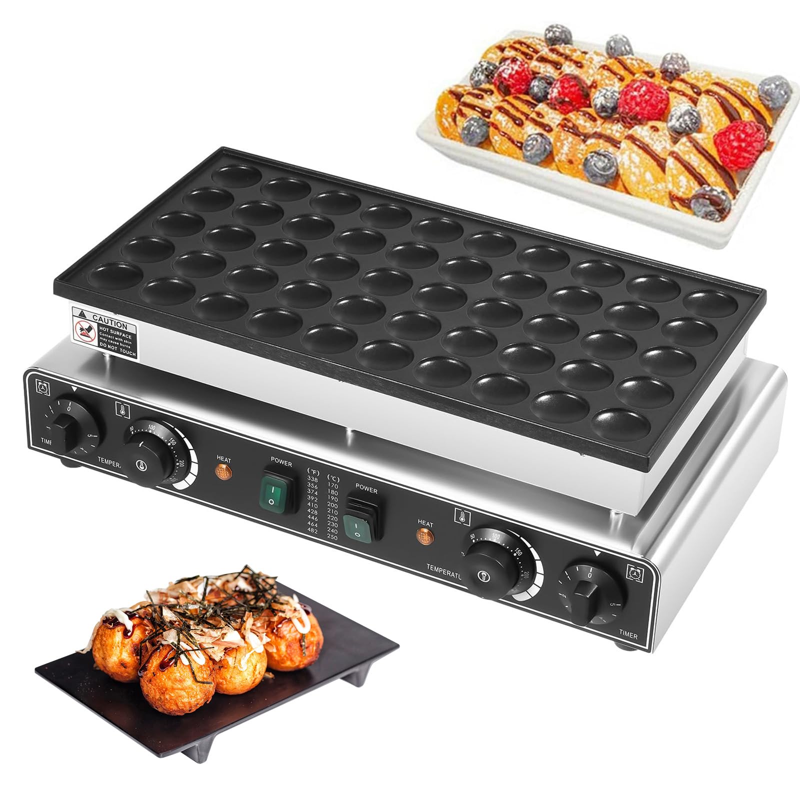 Mini Pancake Maker, 50 Fori Antiaderente Crepe Pan, 1700W Temperatura Regolabile 50-300°C, Controllo del Tempo 0-5min, Ideale per Uova, cialde, Muffin, Uso Domestico o Commerciale