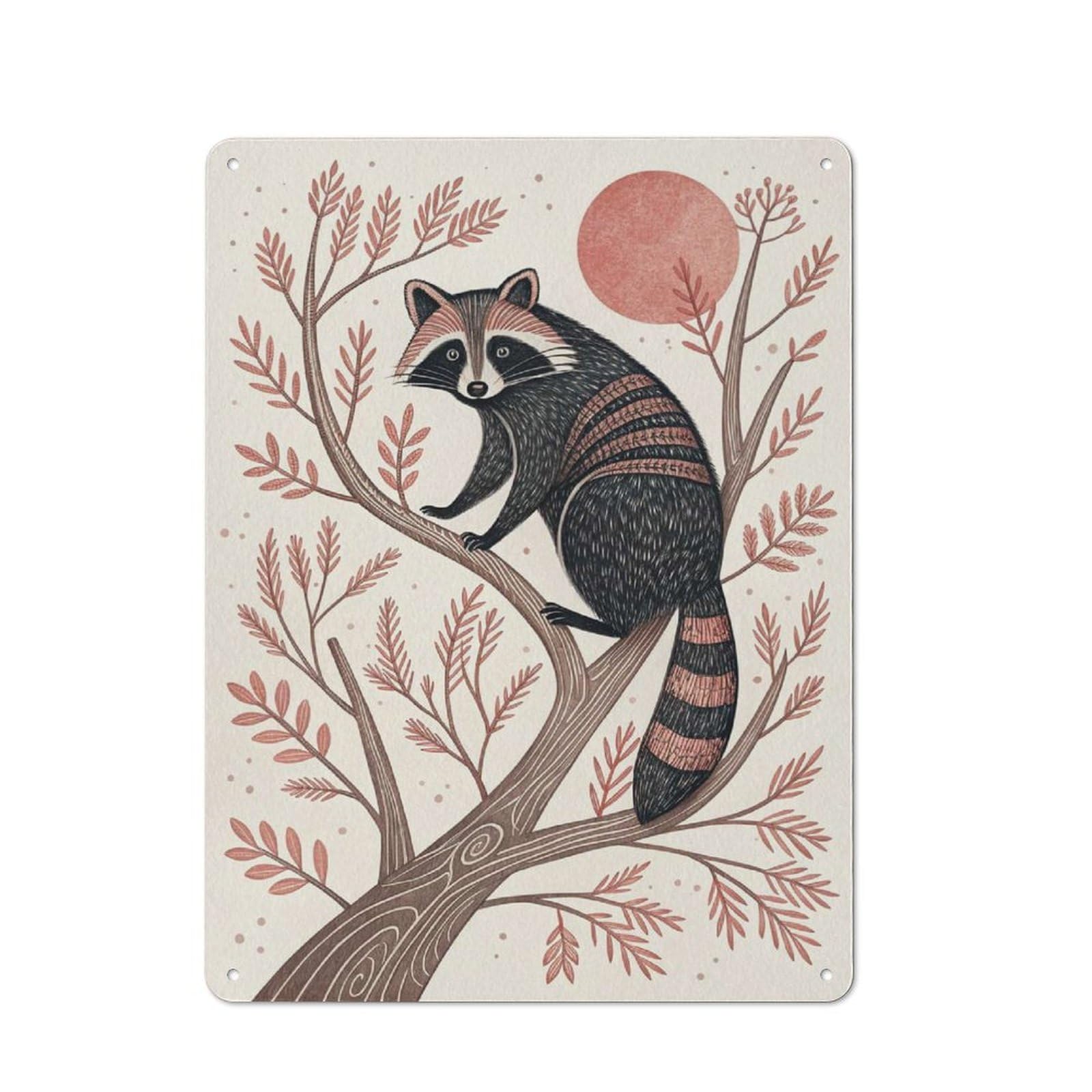 Junmoney Style-21 Simple Retro Raccoon In A Tree With Red Moon Metal Desk Wall Sign 40X30cm, Studio Wall Plaque For Workspace, Cafe, Shop Or Desk Area