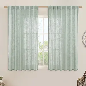 LAMIT Semi Sheer Linen Curtains 54 Inch Length 2 Panels, Light Sage Light Filtering Panels Back Tab and Rod Pocket Neutral Drapes for Kitchen/Window/Dining Room, 52 x 54 Inch