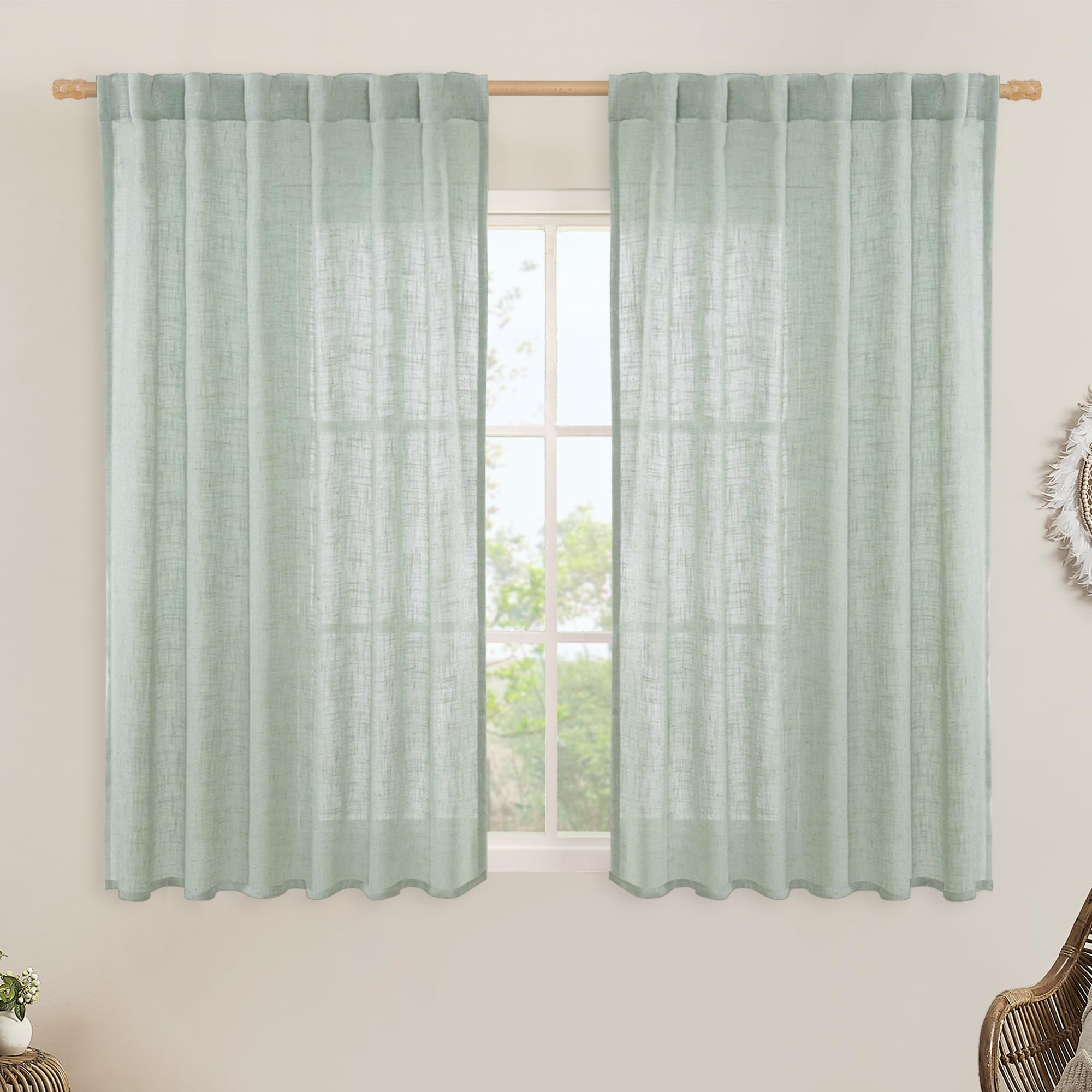 LAMIT Semi Sheer Linen Curtains 54 Inch Length 2 Panels, Light Sage Light Filtering Panels Back Tab and Rod Pocket Neutral Drapes for Kitchen/Window/Dining Room, 52 x 54 Inch โ image 1