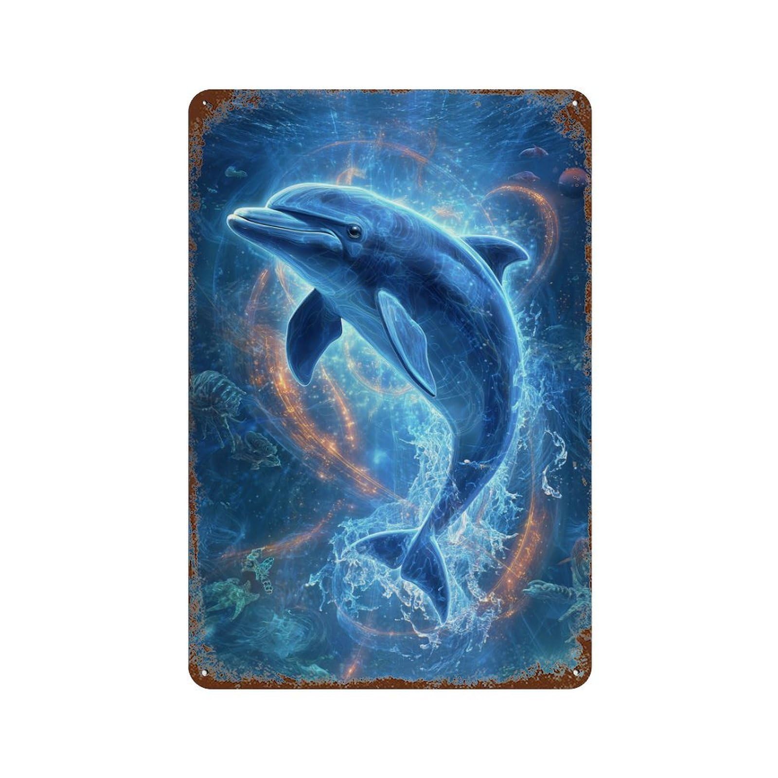 Oceanic Serenity Dolphin Dance Weathered Tin Sign 11.8"x7.9", Ideal for Patio, Garden Room And Bar Decor