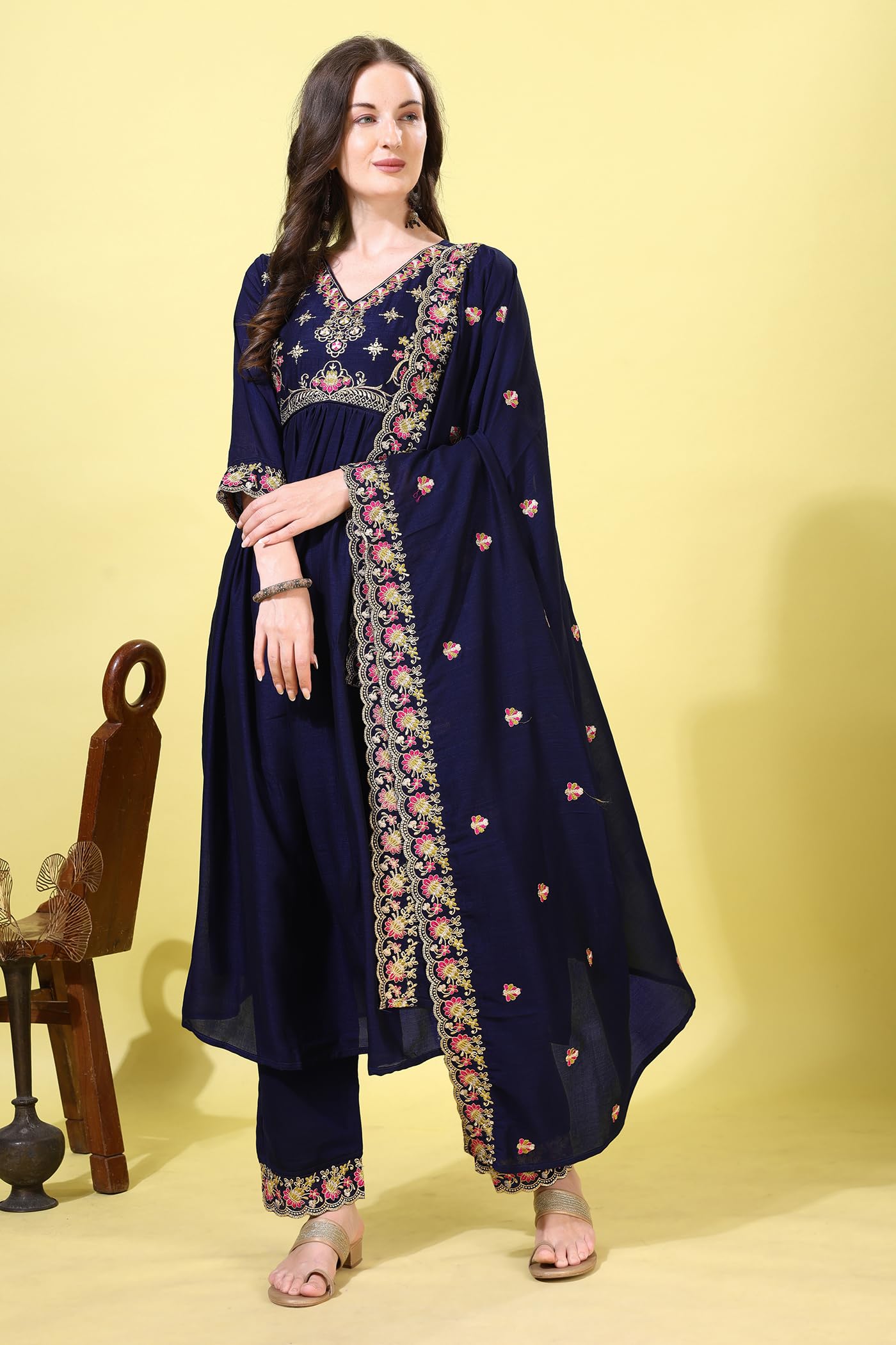 Pratham Blue Women's Silk Embroidered Regular Kurta Sets (Bkp-1008-Xxl_Blue