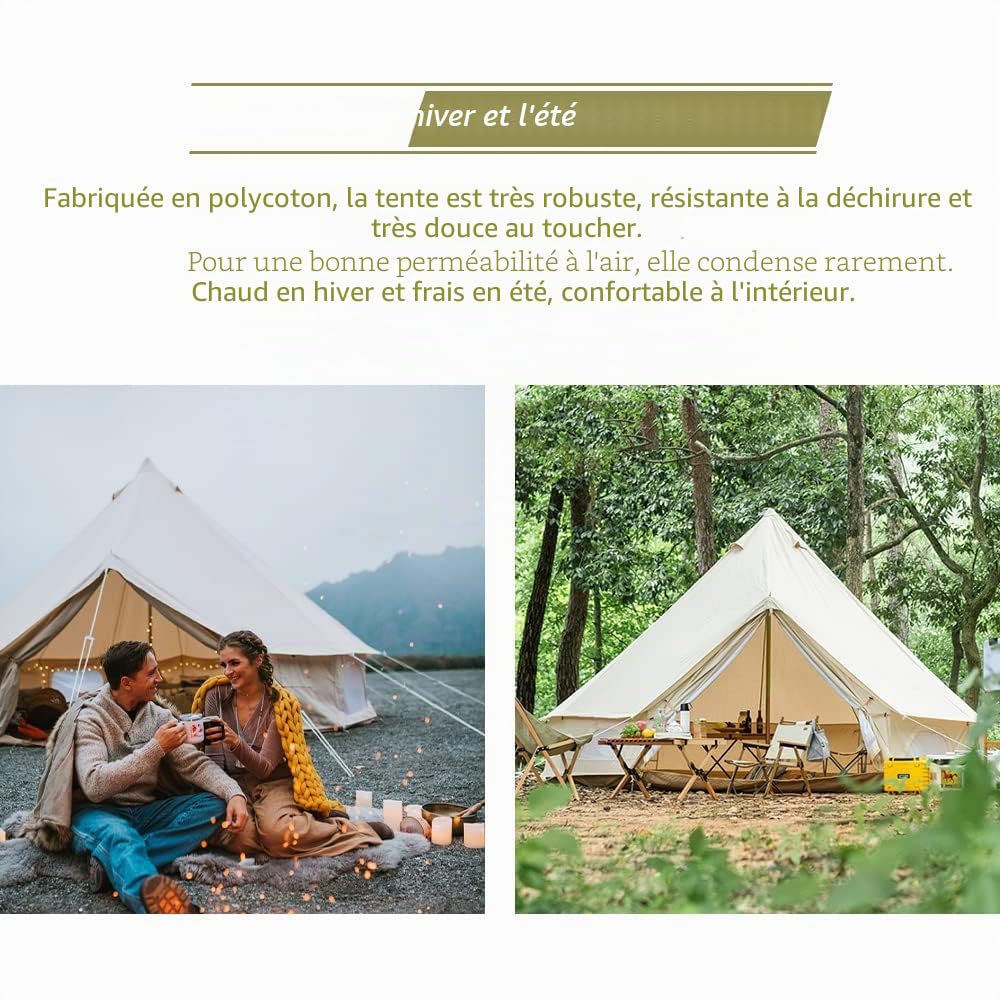 TOMOUNT Bell Tente 3m 4m Cloche Grand Espace familiale avec Fermeture éclair dans Tapis de Sol et Trou de Cuisson pour l'extérieur, randonnée, Carnaval, fête, Chasse, Pique-Nique Beige