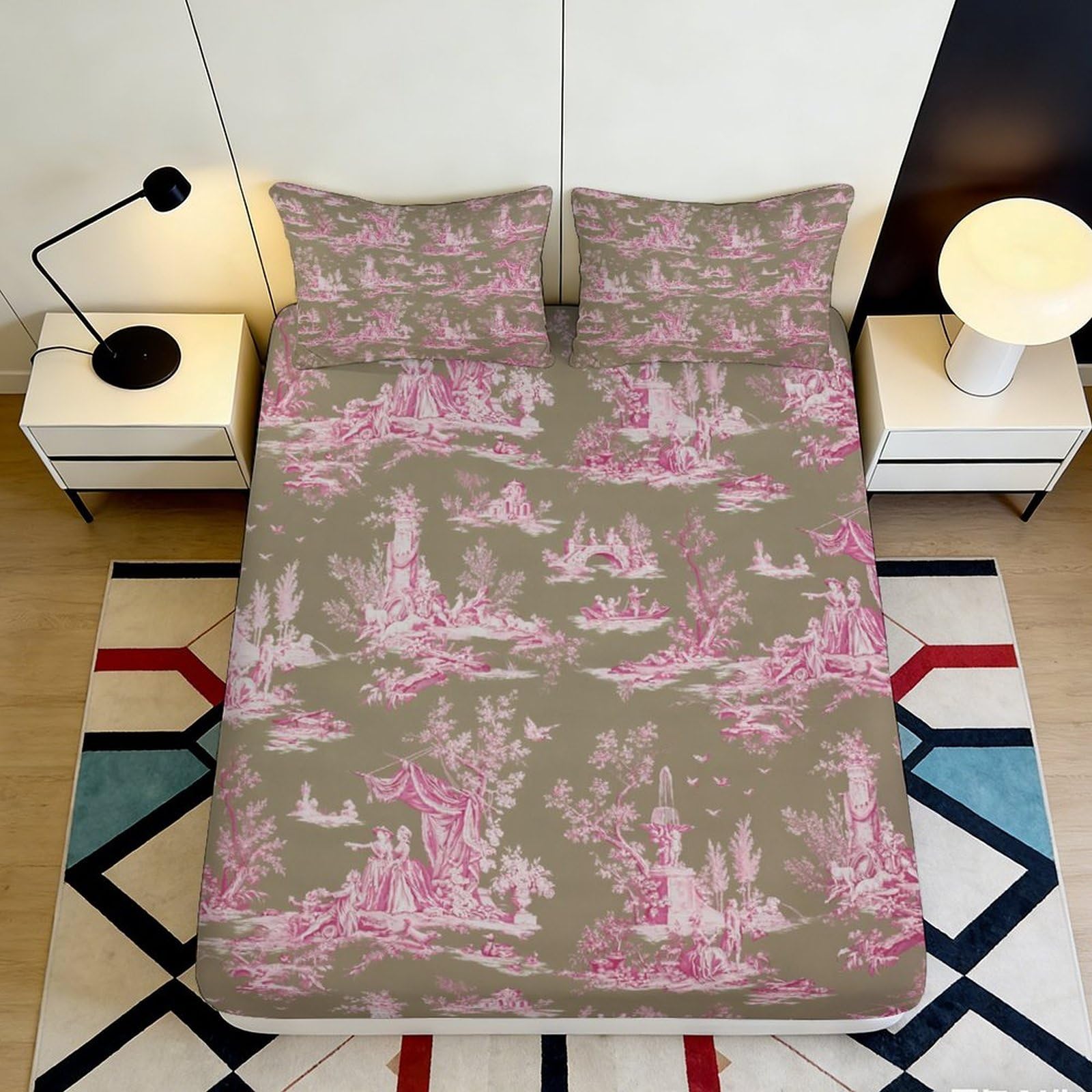 3D Printed Vintage Pastoral Landscape Fitted Sheet Microfiber Pink Grey Decorative Mattress Cover for Bedroom Guest Room 90x200x25cm