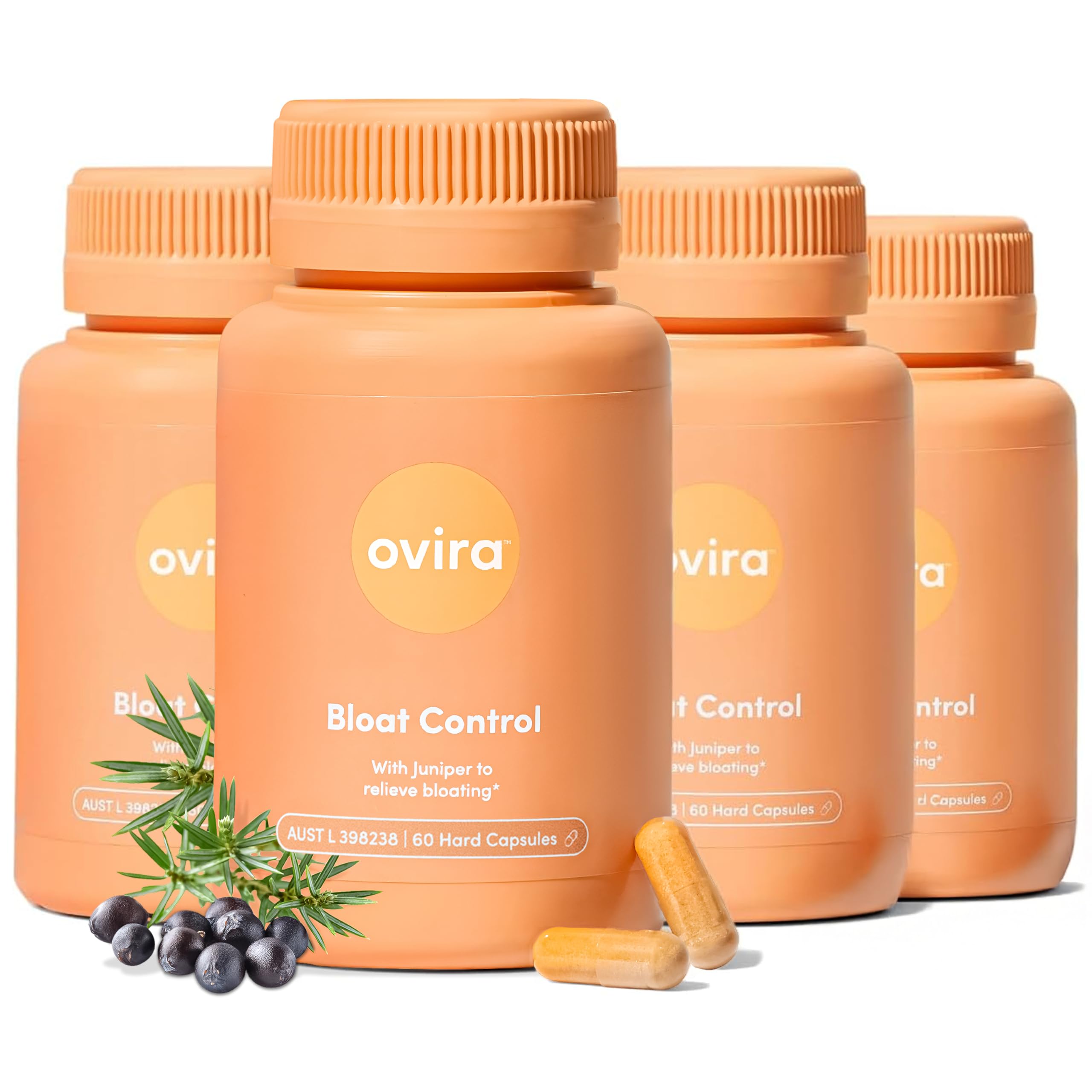 Ovira Bloat Control Supplement with JUNICLEAR - 60 Capsules for Gas and Bloating Relief | Effective Debloating for Women and Men | Helps Water Retention & Promotes Digestive Health - Pack of 4