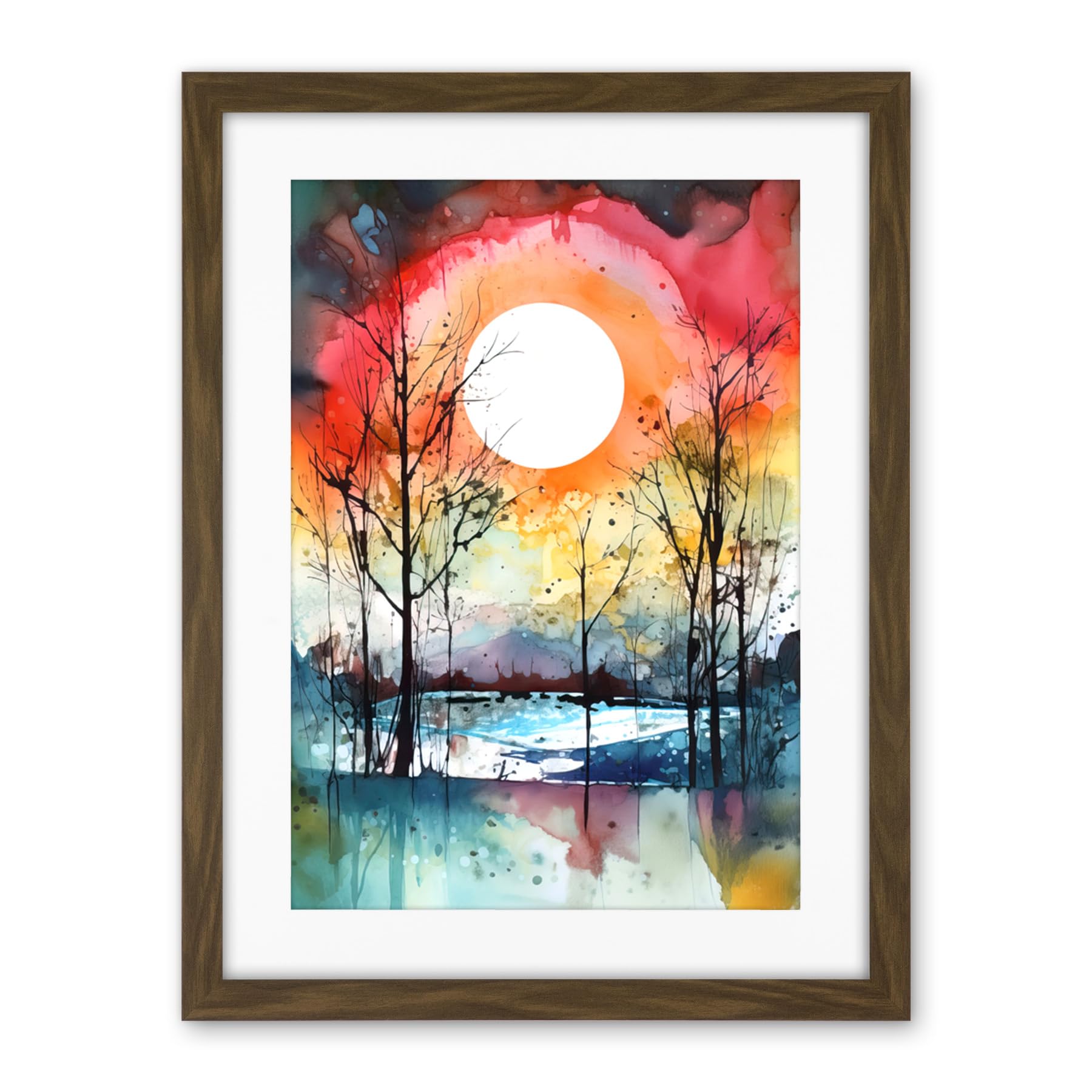Artery8 Abstract Sunset Landscape Watercolour Painting Countryside Lake Autumn Trees Artwork Framed Wall Art Print 18X24 Inch