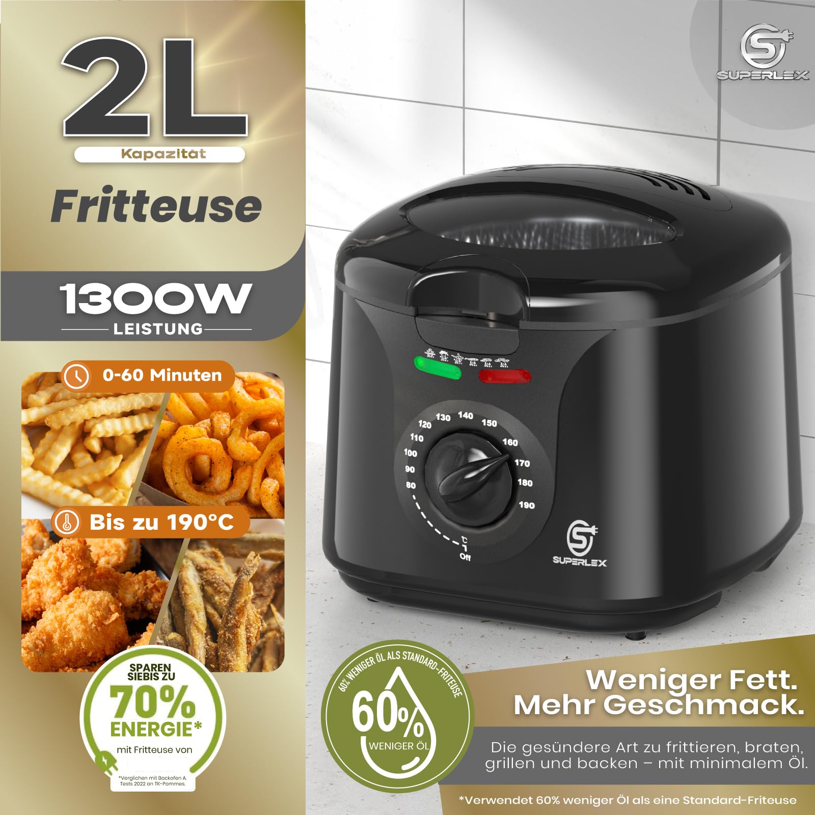 Frytkownica z tłuszczem, 2 l, elektryczna 1300 W, kompaktowa mini frytkownica, olej z regulacją temperatury, filtr ze stali nierdzewnej, do chrupiących frytek, kurczaka, ryb, przekąsek do