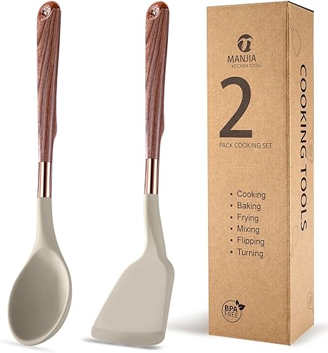 MANJIA Juego de espátulas de silicona, cuchara de silicona antiadherente y espátula giratoria, cuchara de servir, espátula de cocina para cocinar