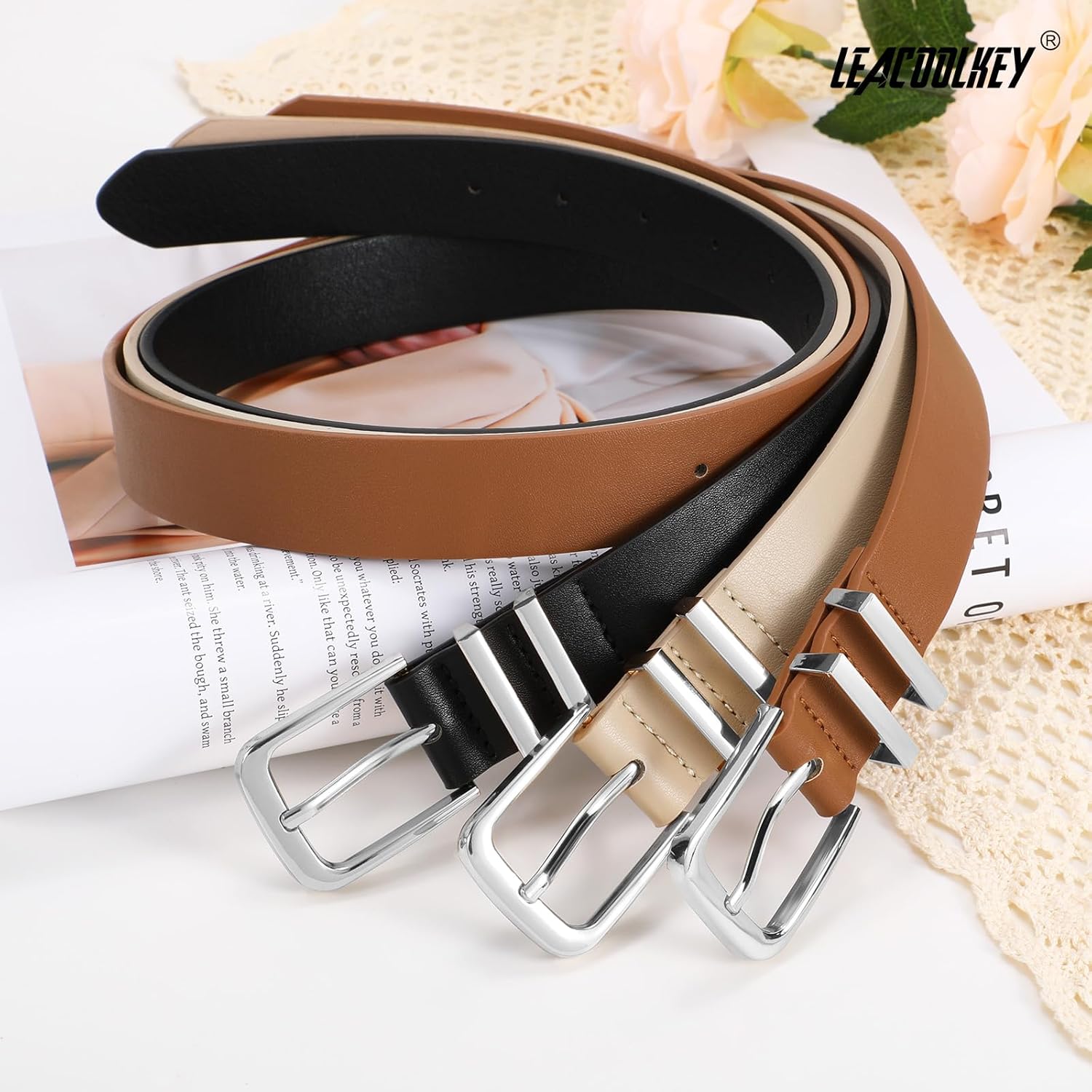 LEACOOLKEY 3 Pack Women's Leather Belts for Jeans Dress Pants Fashion Ladies Leather Belts with Gold Buckle - Image 5