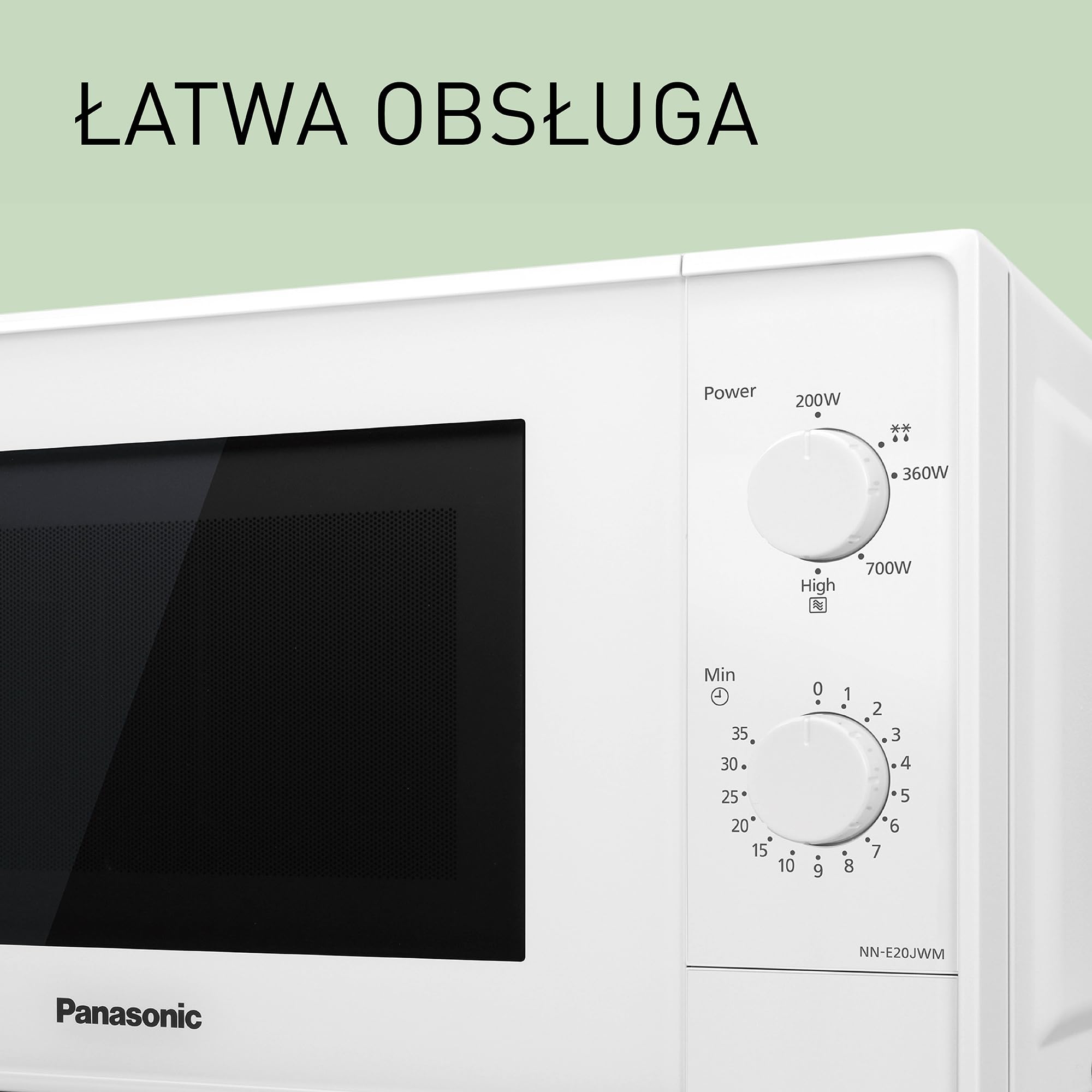 Panasonic NN-E20JWMEBG Kuchenka mikrofalowa ze szklanym talerzem obrotowym, 20 L, 800 W, ustawienie rozmrażania, 5 poziomów mocy, timer, biała