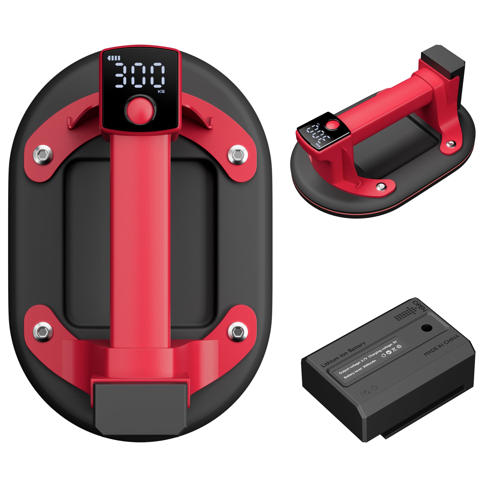 Derro Electric Vacuum Suction Cup for Glass - 660lbs Lifter with Digital Display, 8H Battery for Glass, Granite, Tile, Windshield.(Red)