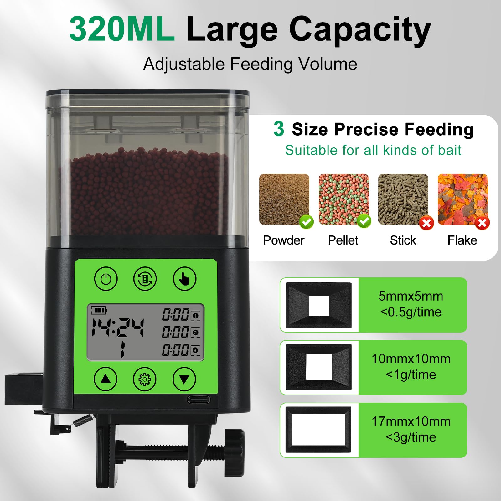 Lychee - Erogatore automatico di cibo per pesci ricaricabile USB 320 ml grande capacità con schermo LCD resistente all'umidità con timer elettrico
